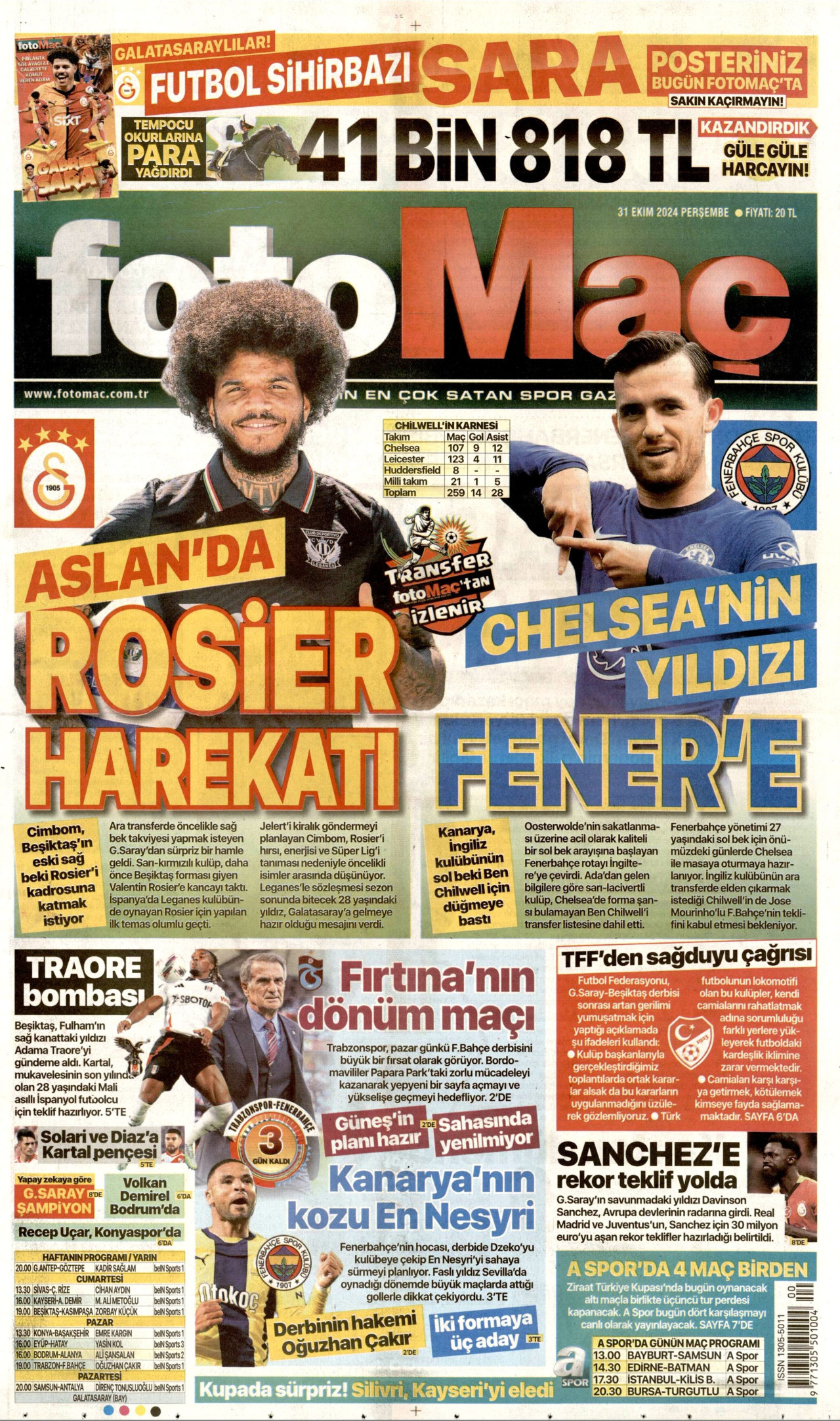FOTOMAÇ gazetesinin 31 Ekim 2024 tarihli birinci sayfası