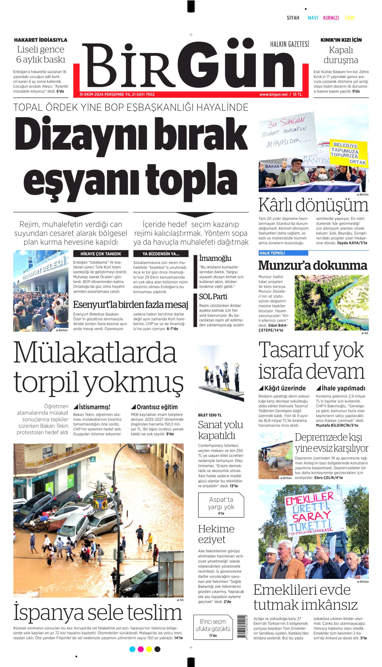 BİRGÜN gazetesinin 31 Ekim 2024 tarihli birinci sayfası