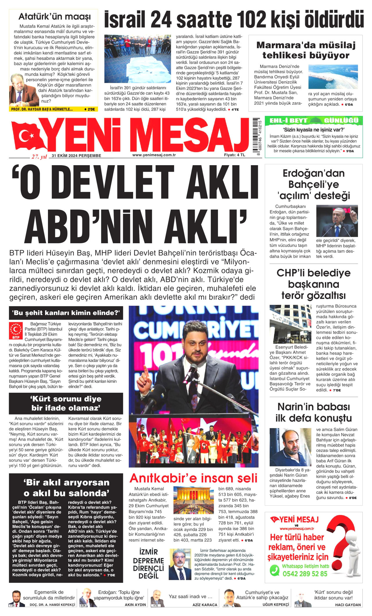 YENİ MESAJ gazetesinin 31 Ekim 2024 tarihli birinci sayfası