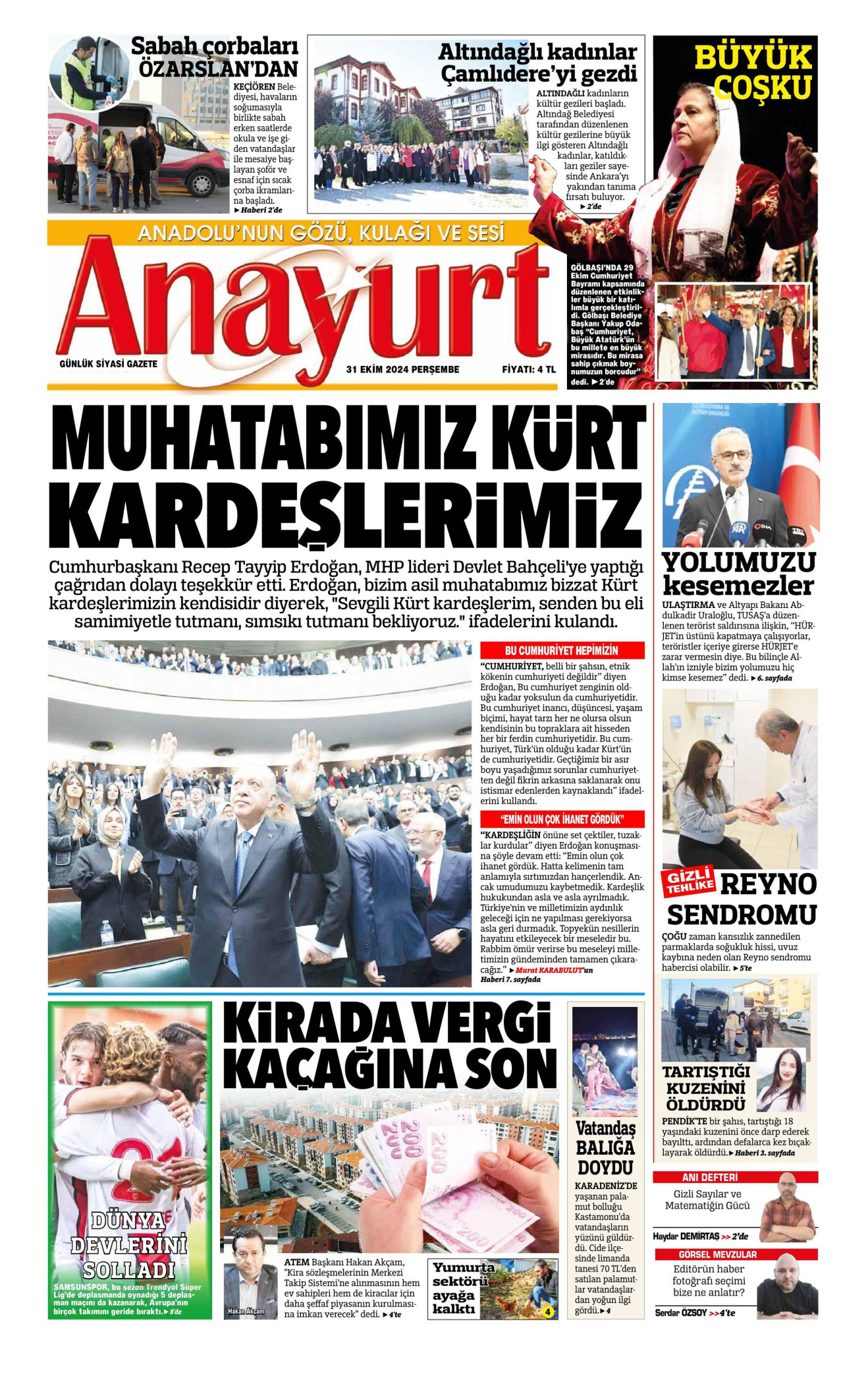 ANAYURT gazetesinin 31 Ekim 2024 tarihli birinci sayfası