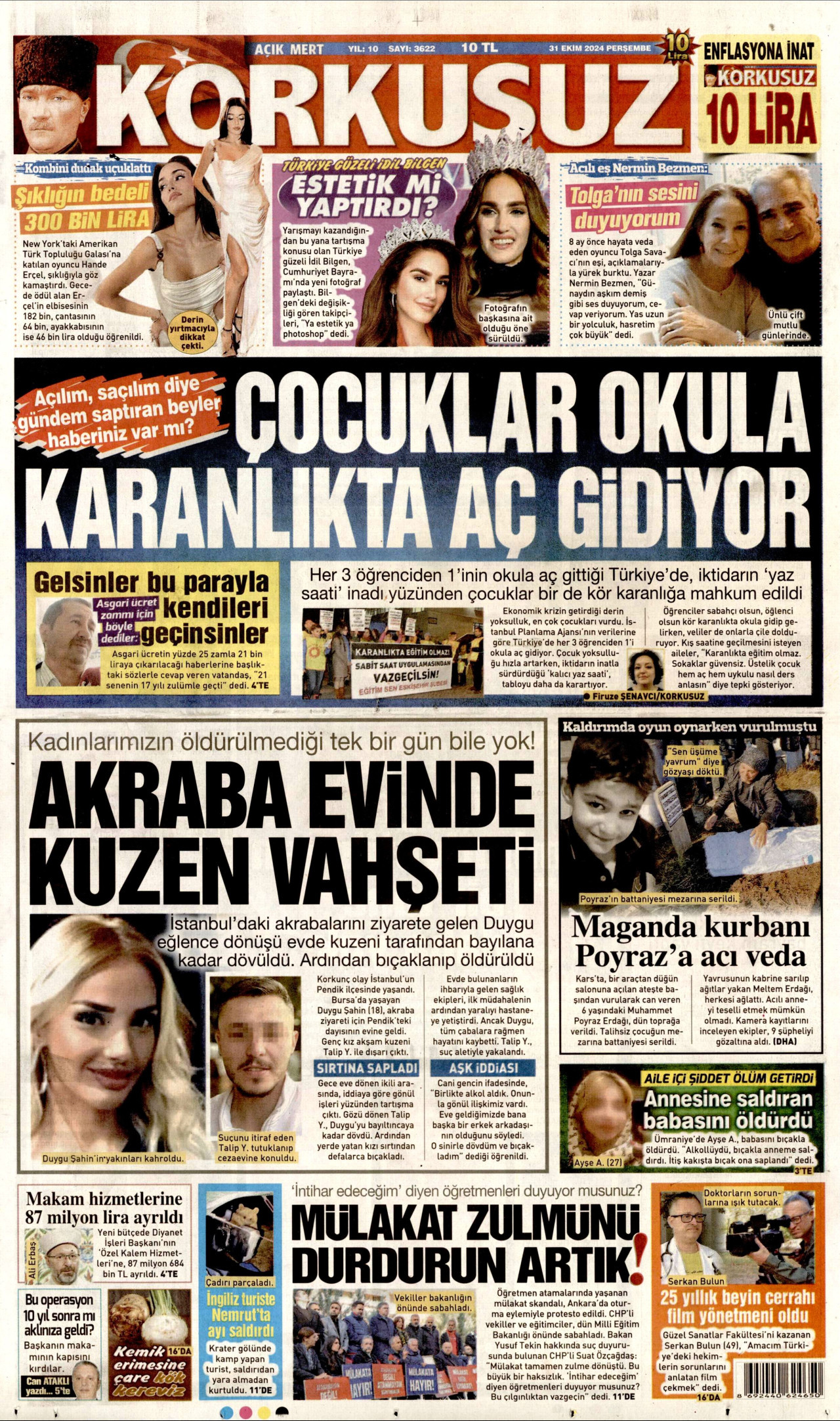 KORKUSUZ gazetesinin 31 Ekim 2024 tarihli birinci sayfası