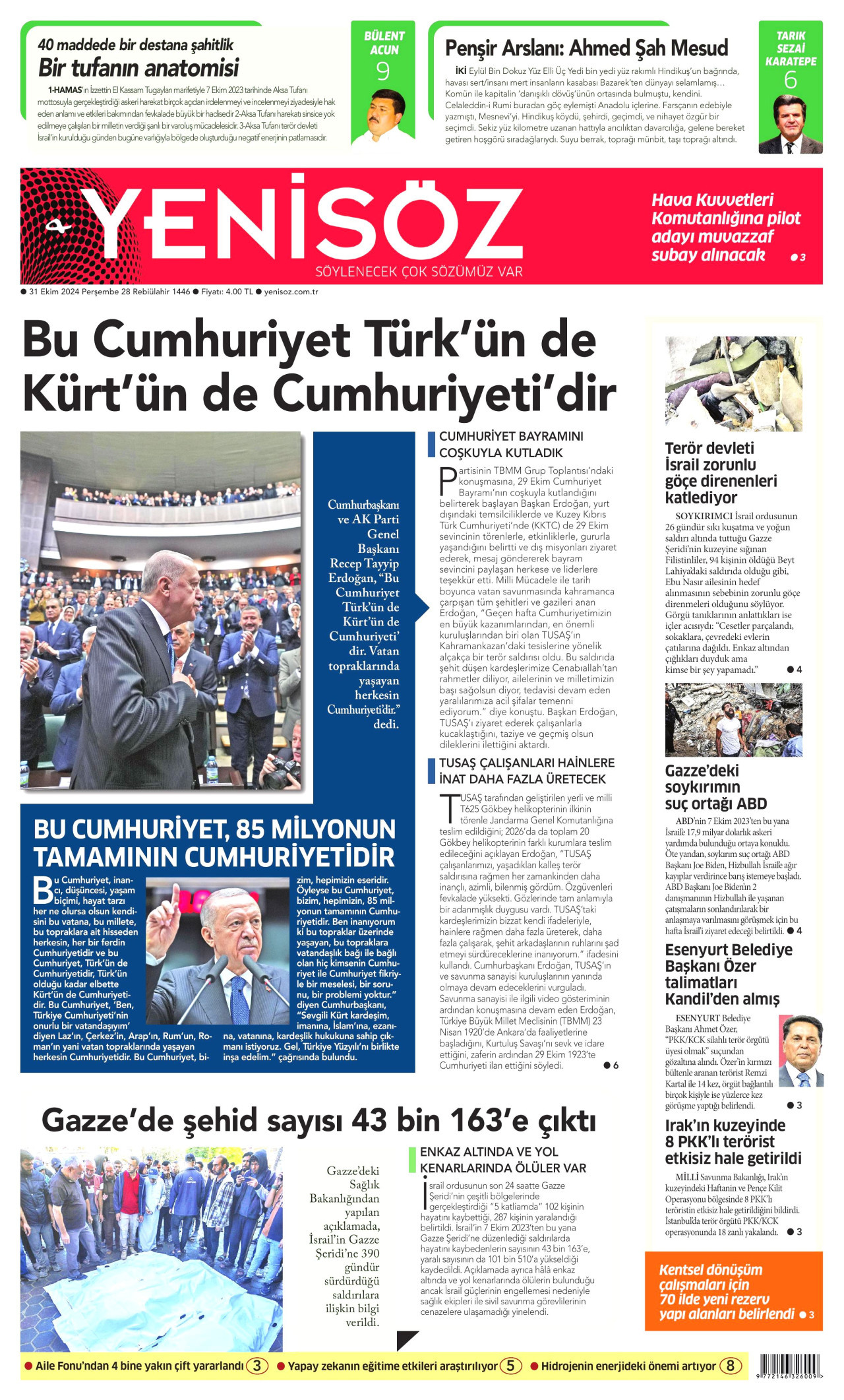 YENİ SÖZ GAZETESİ gazetesinin 31 Ekim 2024 tarihli birinci sayfası