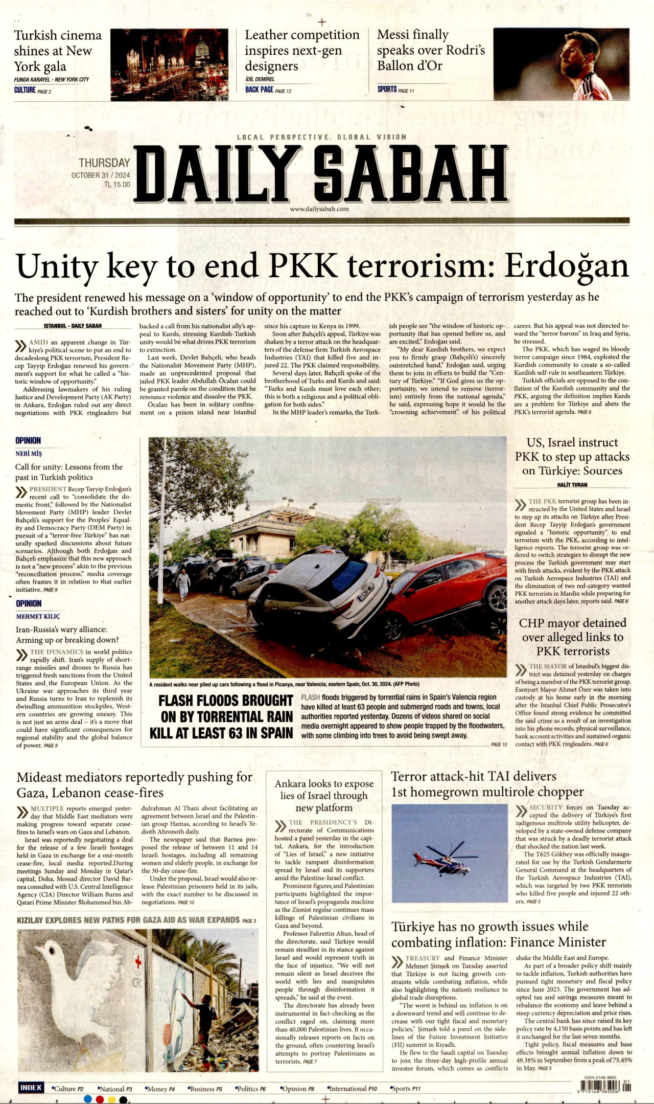 DAİLY SABAH gazetesinin 31 Ekim 2024 tarihli birinci sayfası