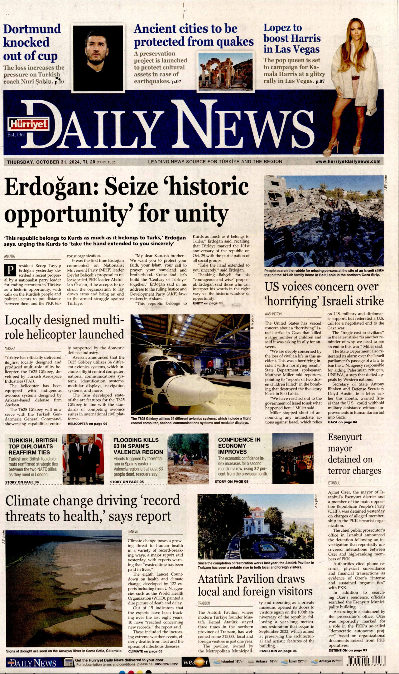 HÜRRİYET DAİLY NEWS gazetesinin 31 Ekim 2024 tarihli birinci sayfası