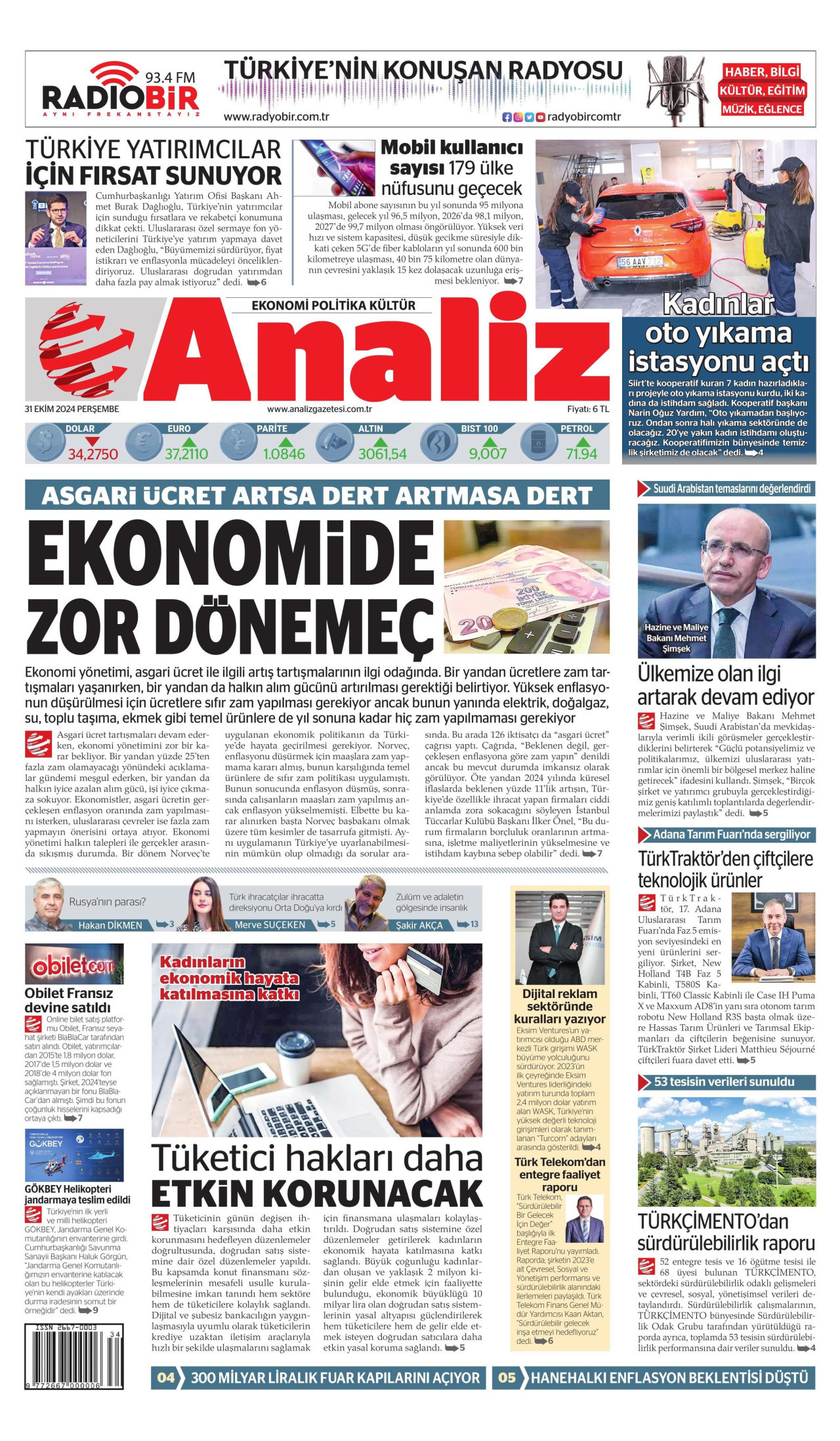 ANALİZ gazetesinin 31 Ekim 2024 tarihli birinci sayfası