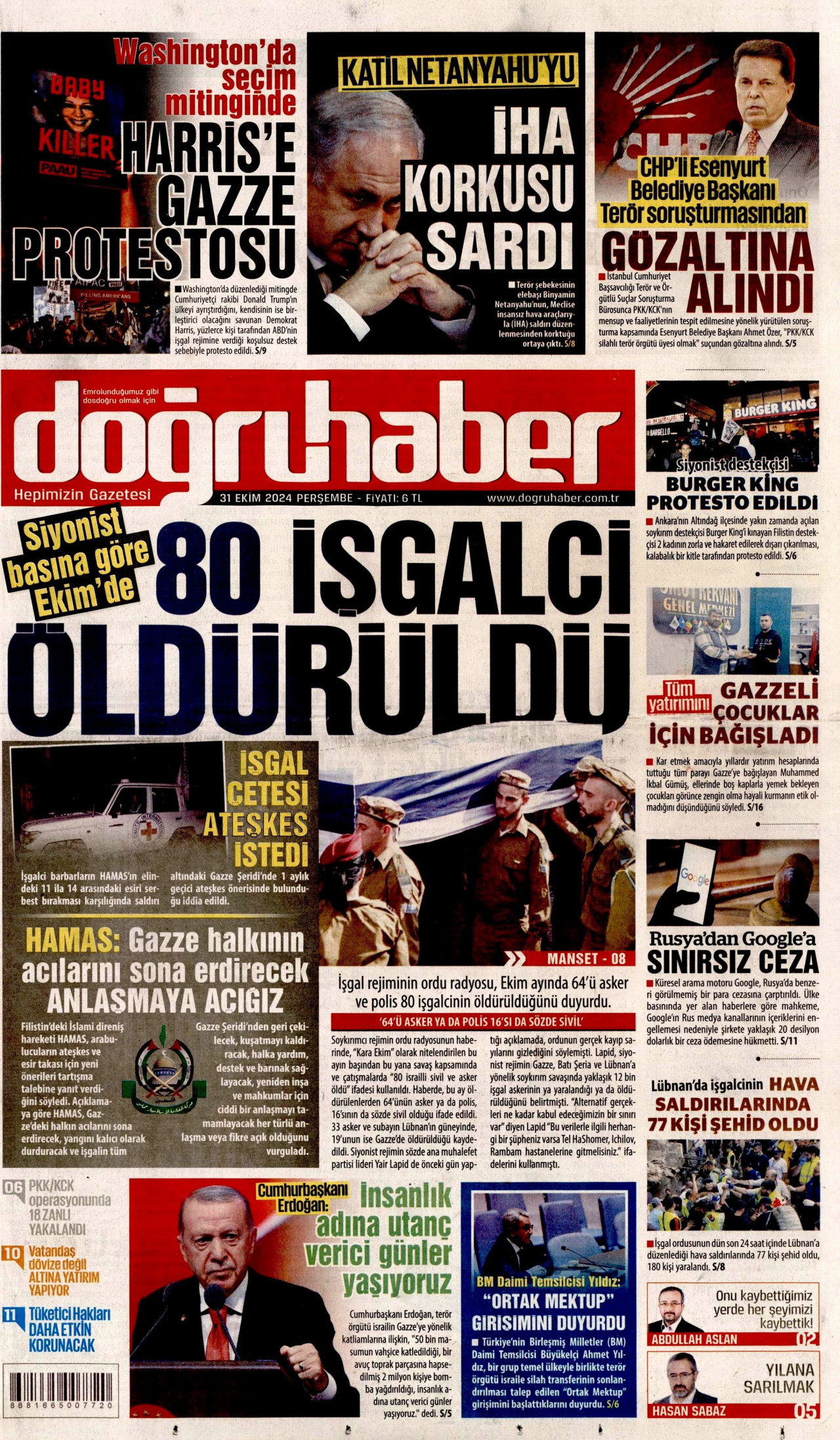 DOĞRU HABER gazetesinin 31 Ekim 2024 tarihli birinci sayfası
