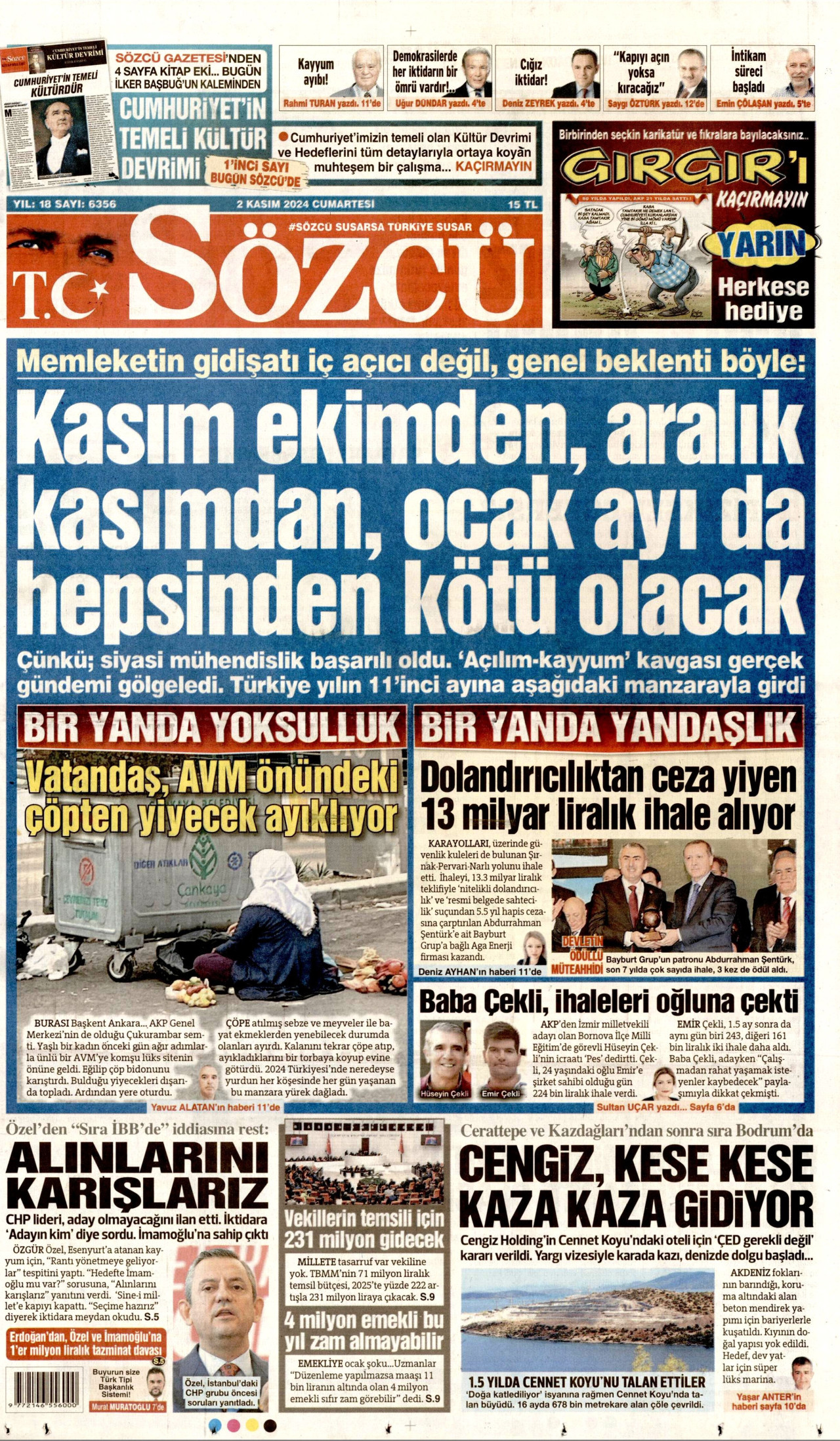 SÖZCÜ gazetesinin 2 Kasım 2024 tarihli birinci sayfası