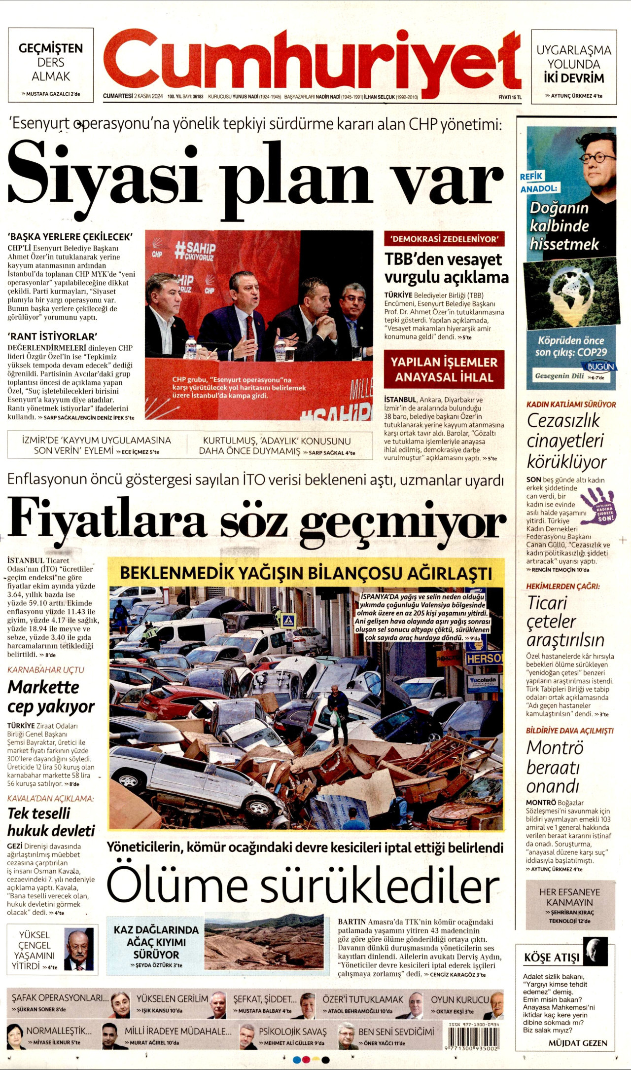 CUMHURİYET gazetesinin 2 Kasım 2024 tarihli birinci sayfası