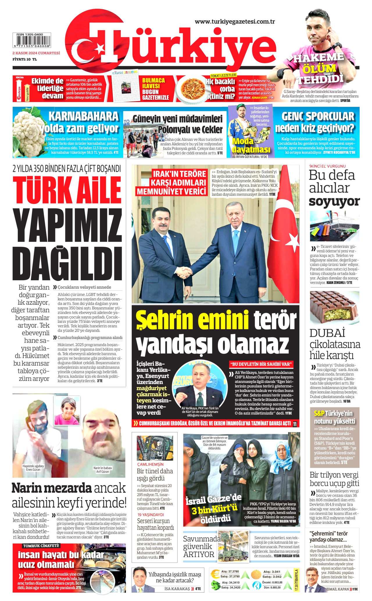TÜRKİYE GAZETESİ gazetesinin 2 Kasım 2024 tarihli birinci sayfası