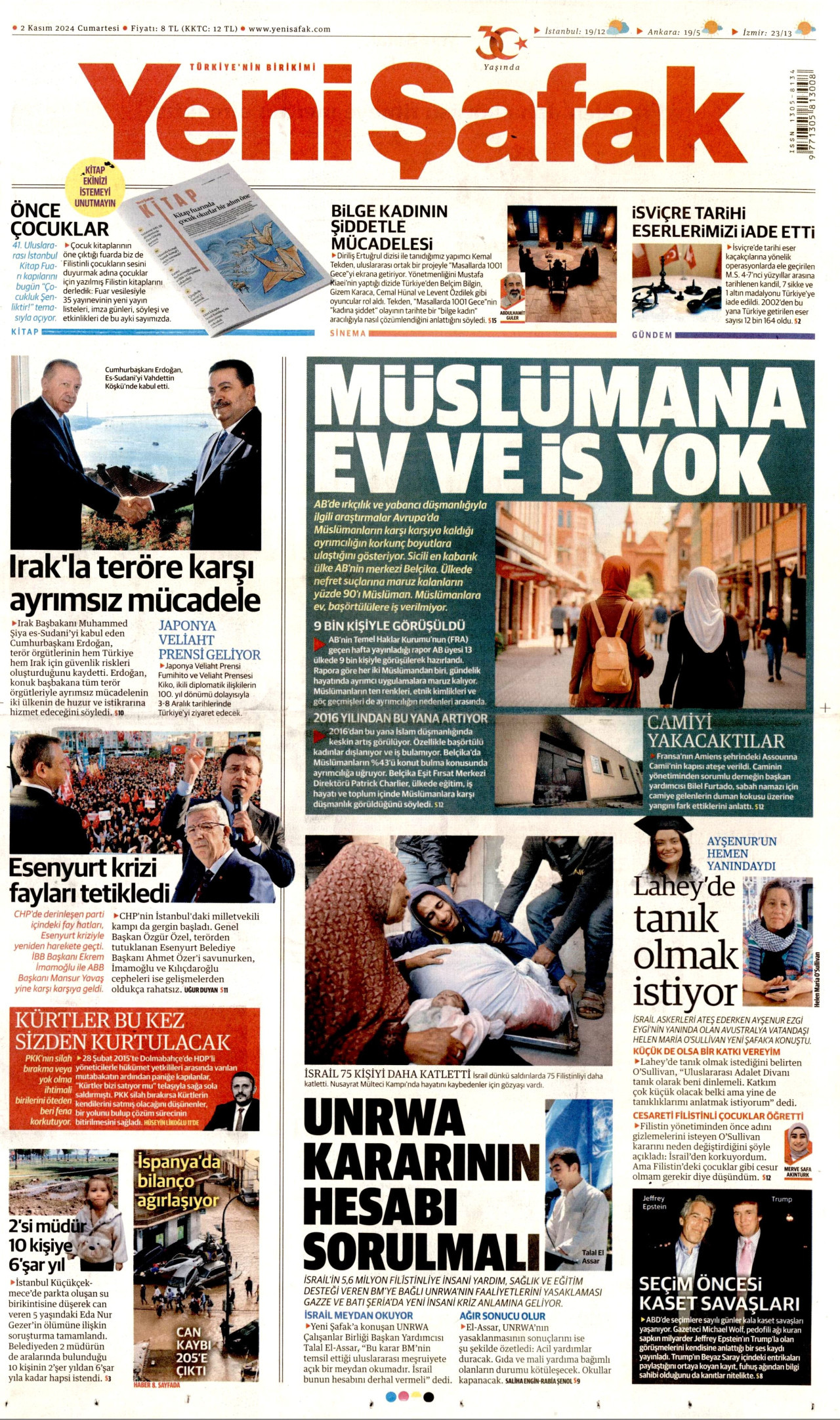 YENİ ŞAFAK gazetesinin 2 Kasım 2024 tarihli birinci sayfası