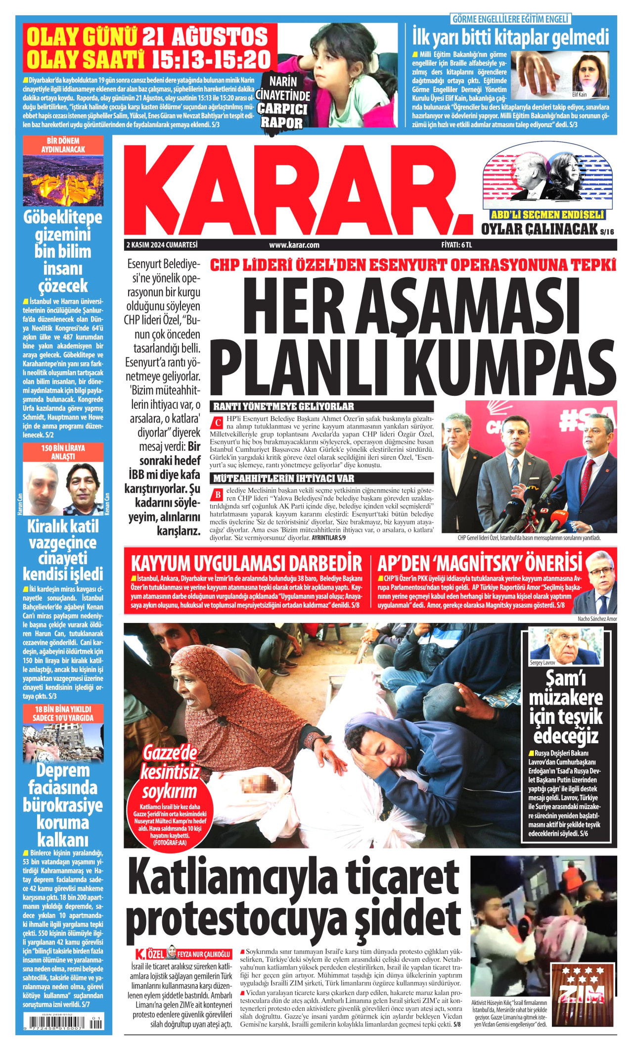 KARAR gazetesinin 2 Kasım 2024 tarihli birinci sayfası