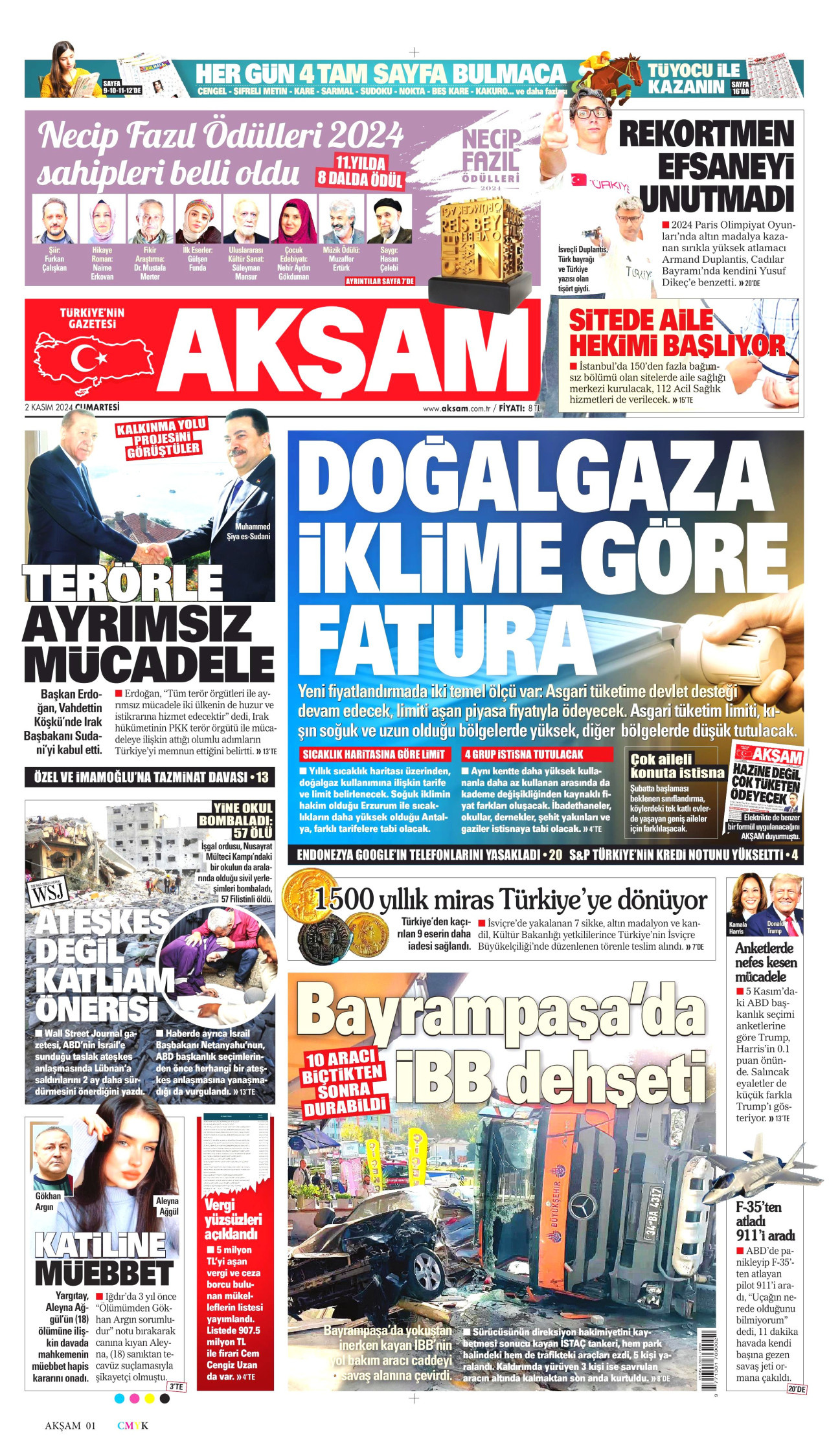 AKŞAM gazetesinin 2 Kasım 2024 tarihli birinci sayfası