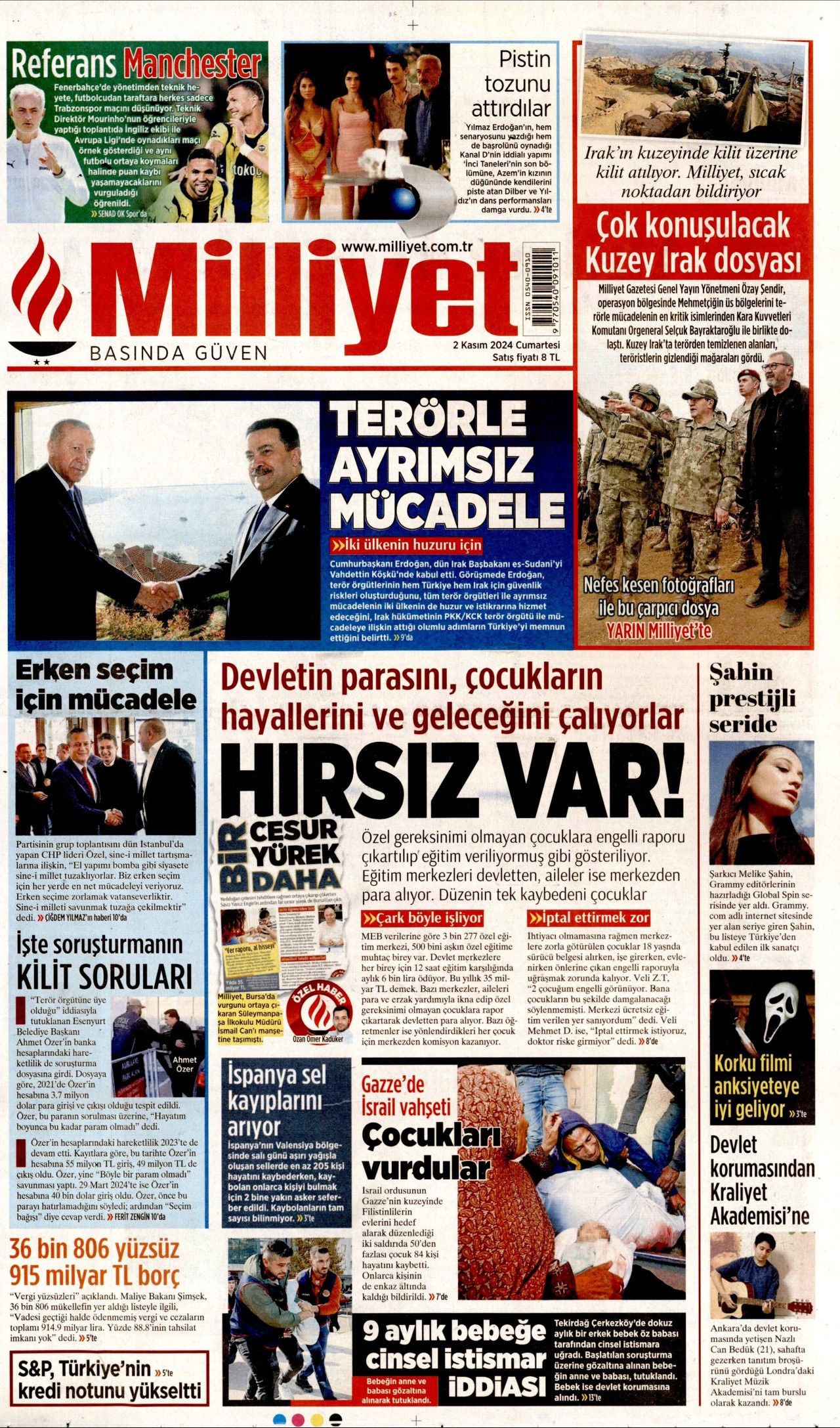 MİLLİYET gazetesinin 2 Kasım 2024 tarihli birinci sayfası
