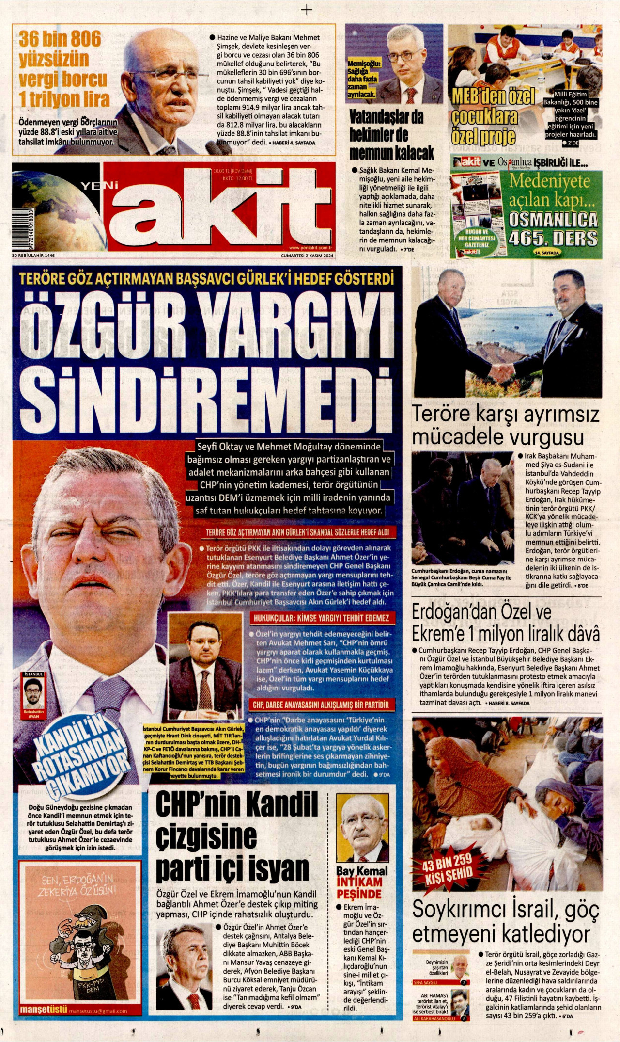 YENİ AKİT gazetesinin 2 Kasım 2024 tarihli birinci sayfası