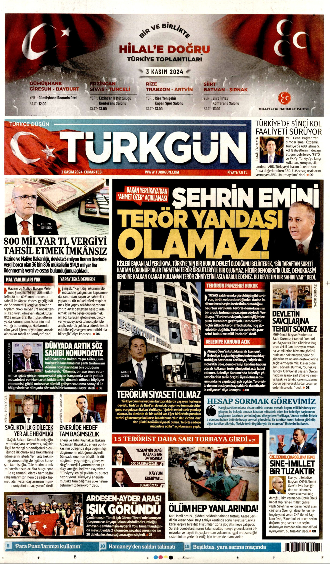 TÜRKGÜN gazetesinin 2 Kasım 2024 tarihli birinci sayfası