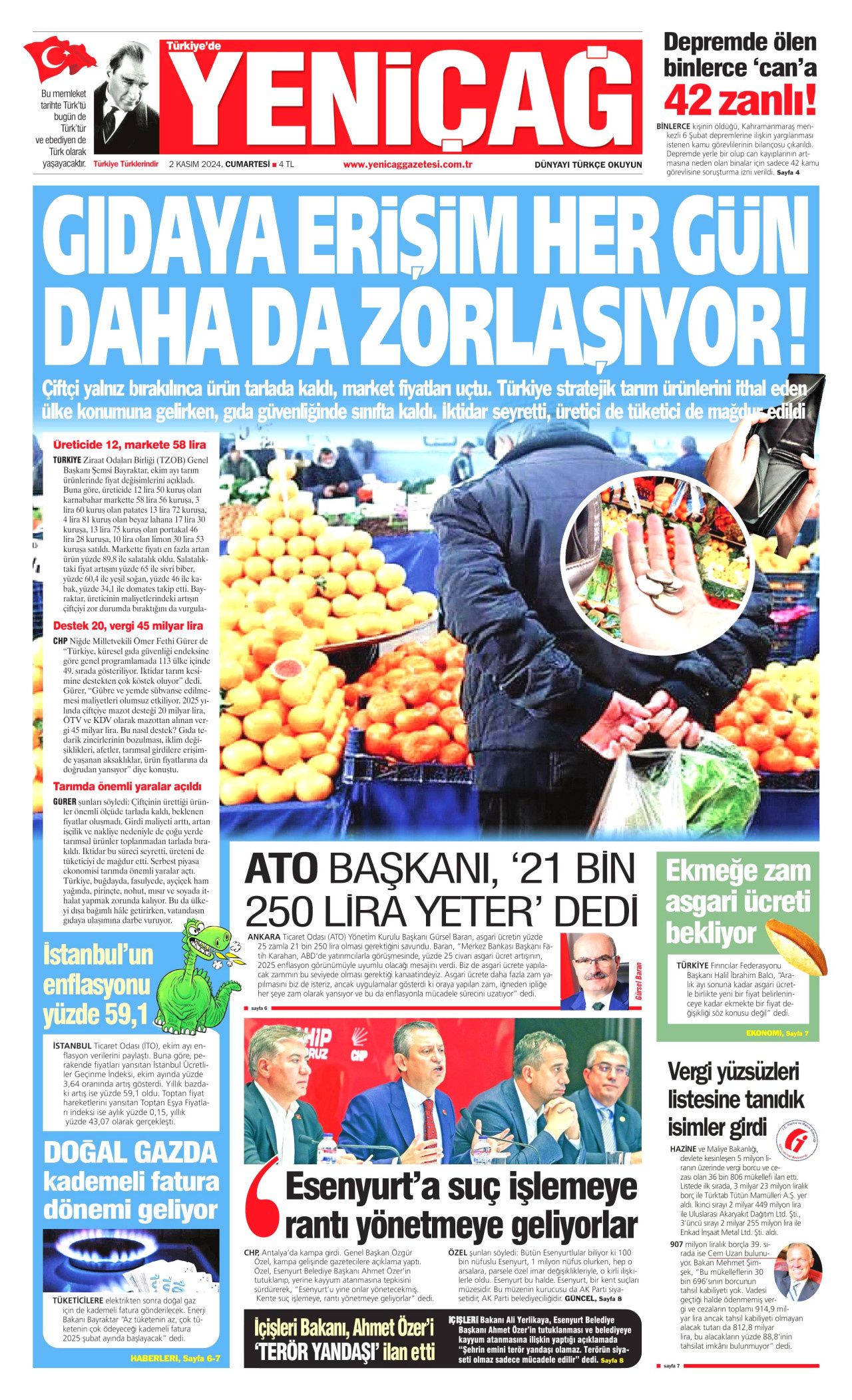 YENİÇAĞ gazetesinin 2 Kasım 2024 tarihli birinci sayfası
