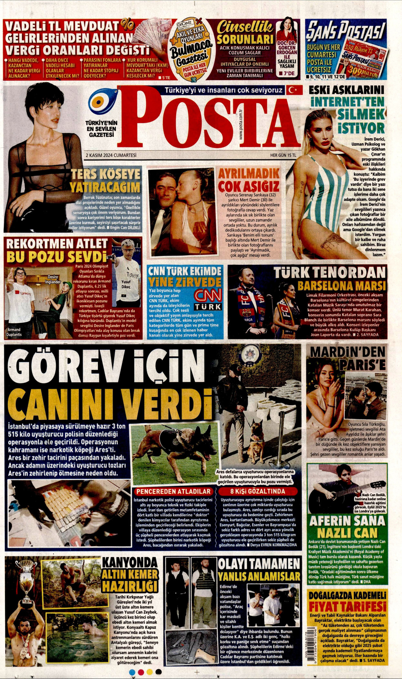 POSTA gazetesinin 2 Kasım 2024 tarihli birinci sayfası