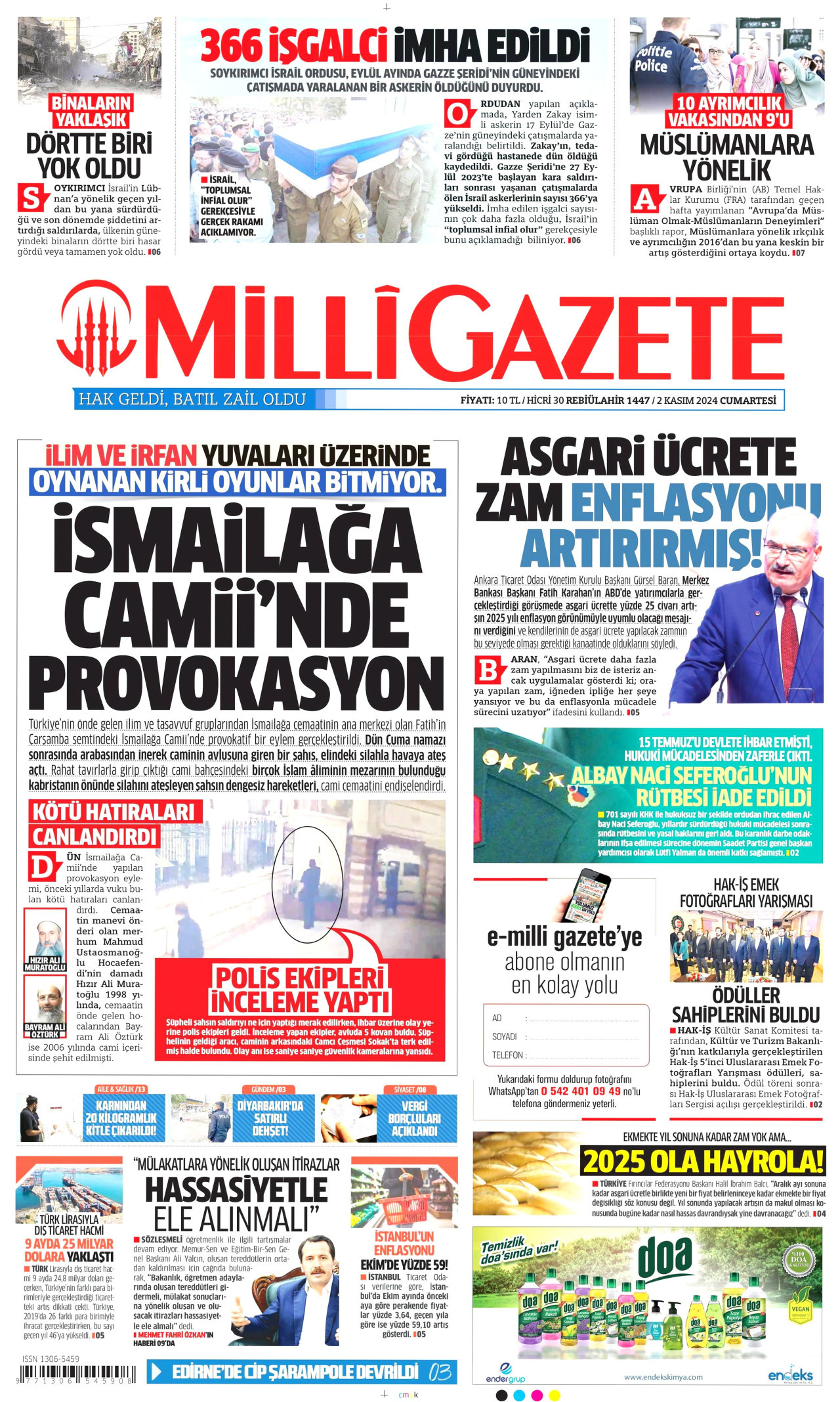 MİLLİ GAZETE gazetesinin 2 Kasım 2024 tarihli birinci sayfası