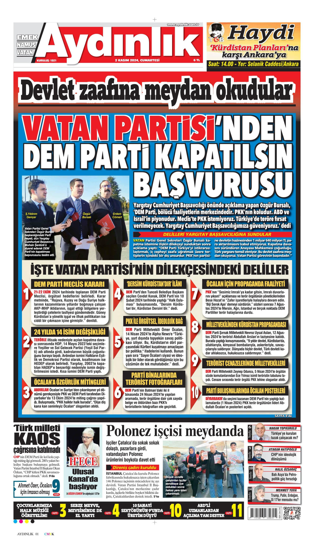 AYDINLIK GAZETESİ gazetesinin 2 Kasım 2024 tarihli birinci sayfası