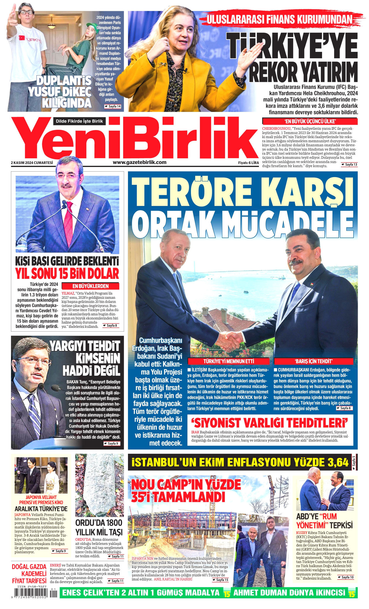 YENİBİRLİK gazetesinin 2 Kasım 2024 tarihli birinci sayfası