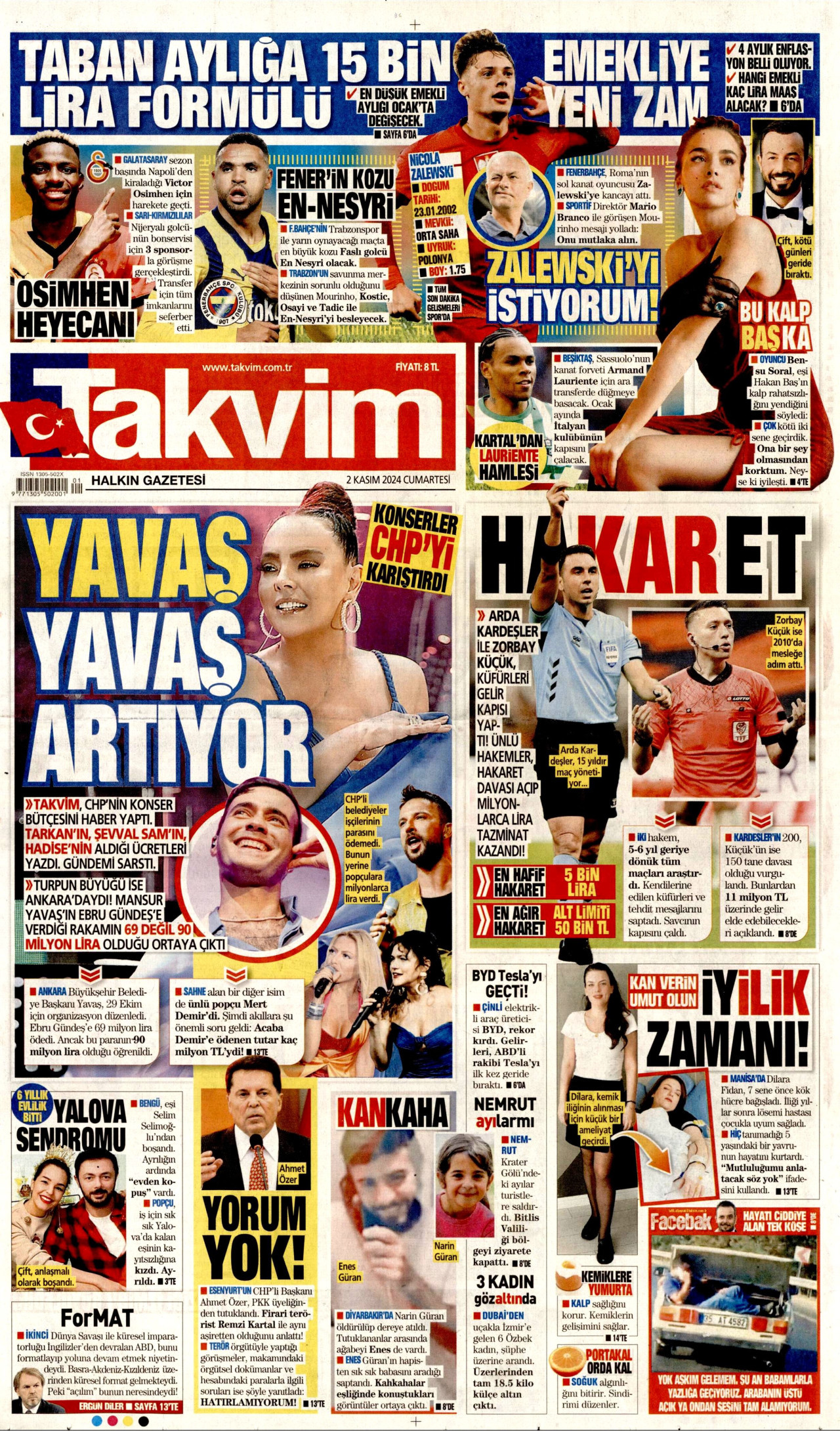TAKVİM gazetesinin 2 Kasım 2024 tarihli birinci sayfası