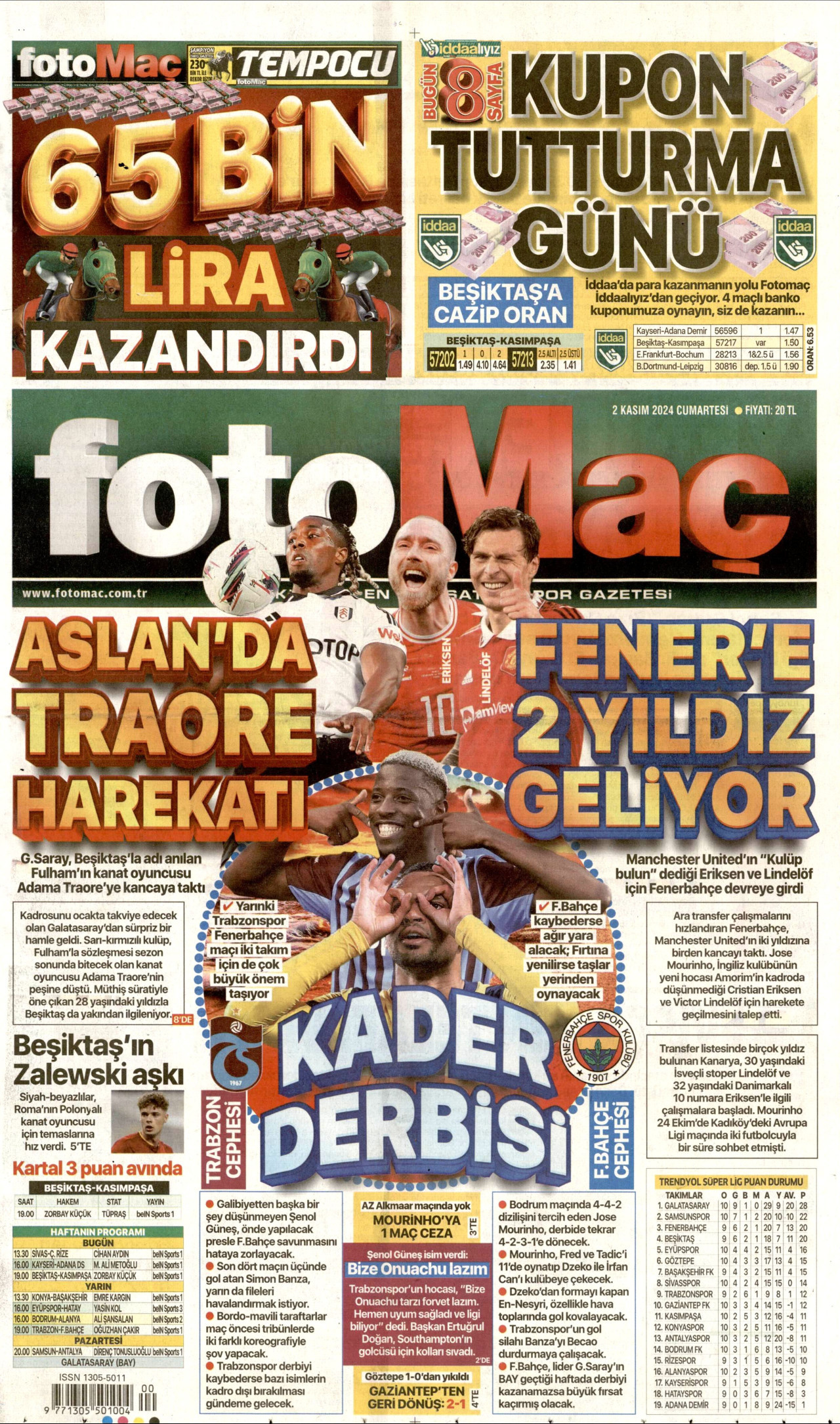 FOTOMAÇ gazetesinin 2 Kasım 2024 tarihli birinci sayfası