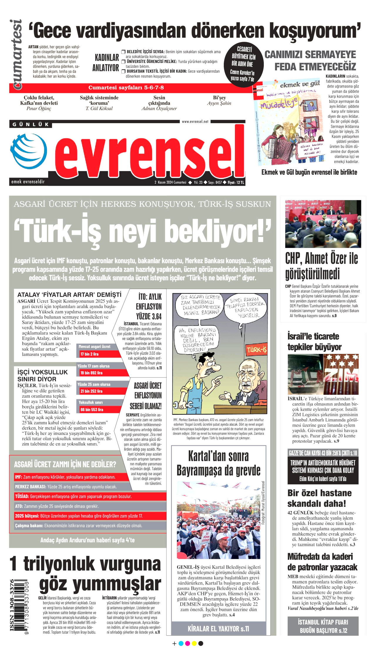 EVRENSEL gazetesinin 2 Kasım 2024 tarihli birinci sayfası