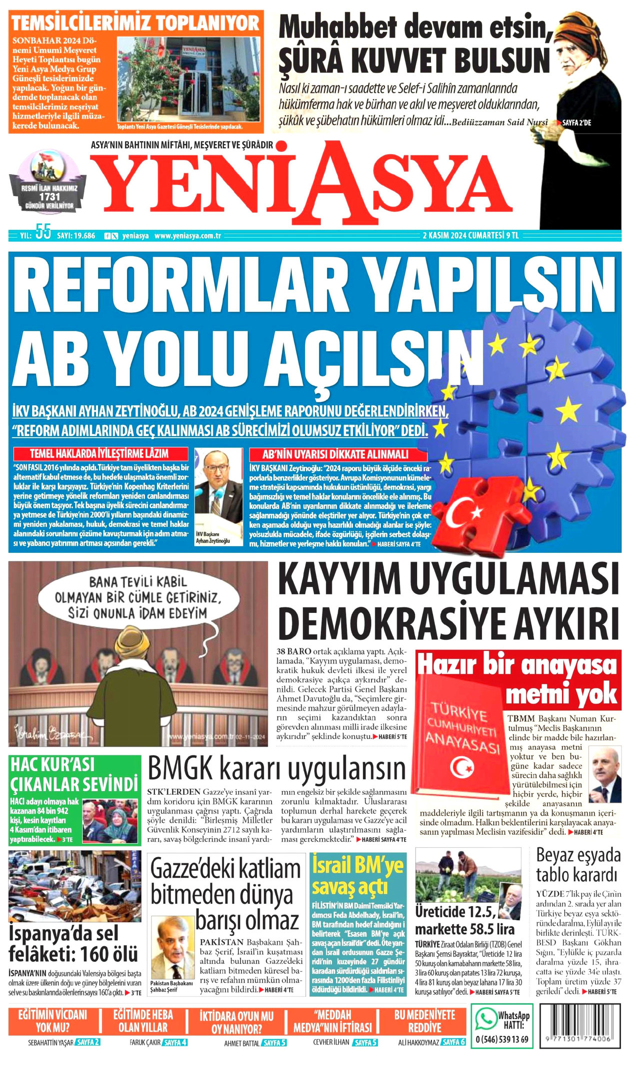 YENİ ASYA gazetesinin 2 Kasım 2024 tarihli birinci sayfası