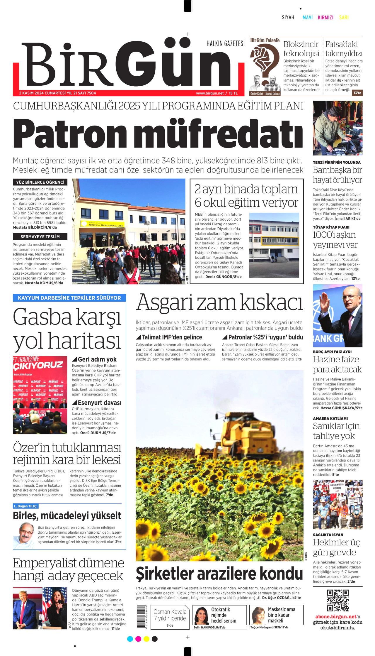 BİRGÜN gazetesinin 2 Kasım 2024 tarihli birinci sayfası