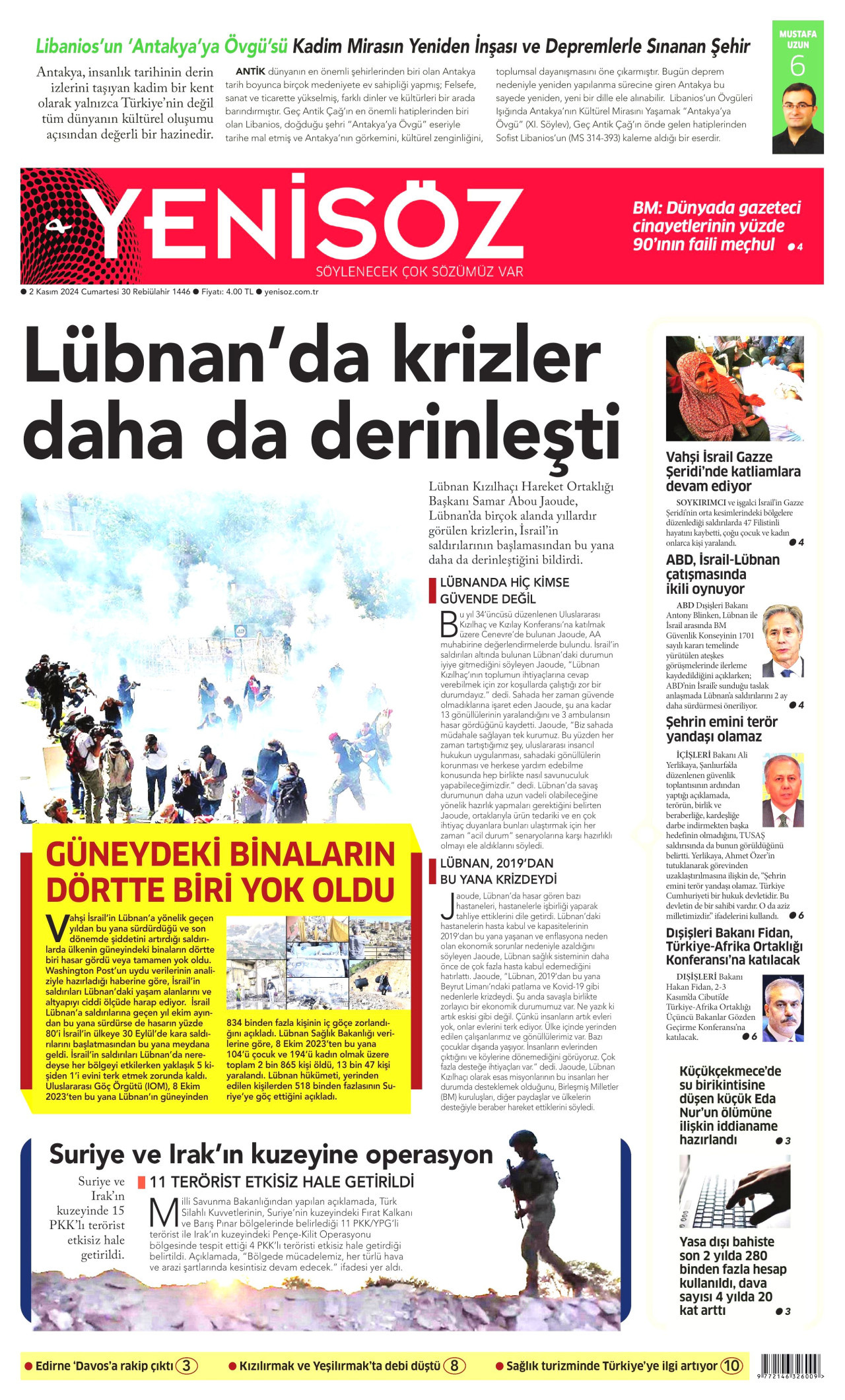 YENİ SÖZ GAZETESİ gazetesinin 2 Kasım 2024 tarihli birinci sayfası