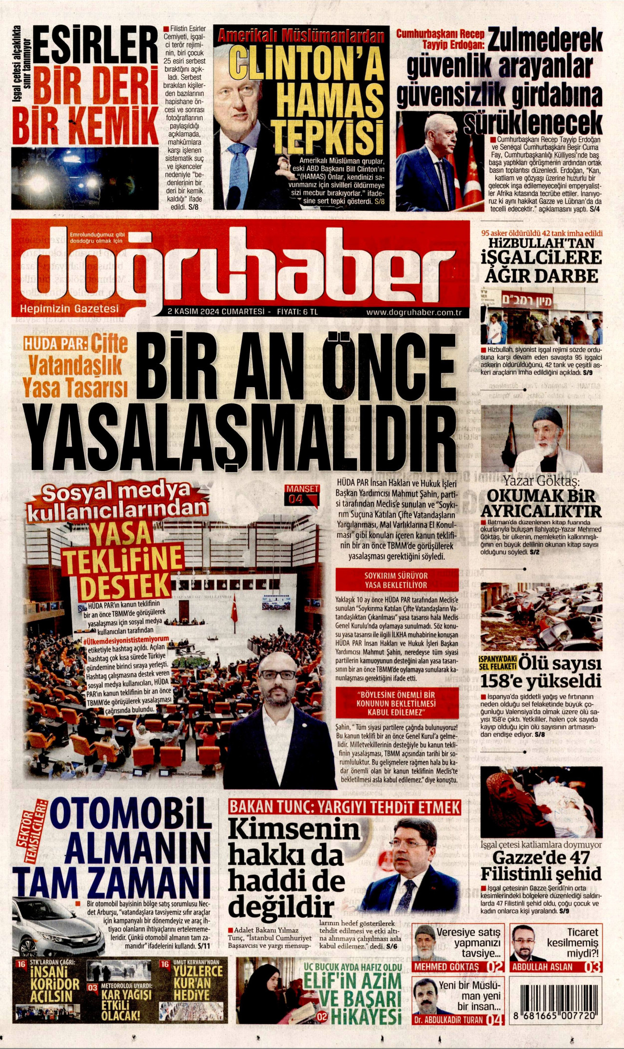 DOĞRU HABER gazetesinin 2 Kasım 2024 tarihli birinci sayfası