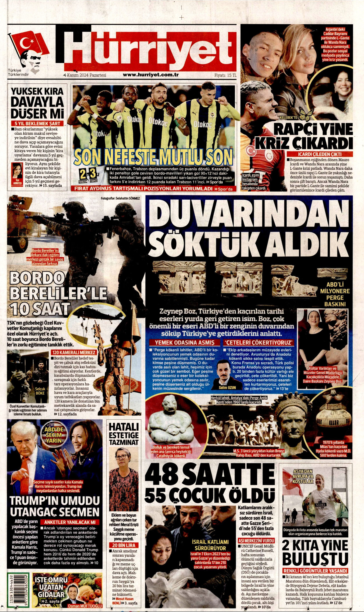 HÜRRİYET gazetesinin 4 Kasım 2024 tarihli birinci sayfası