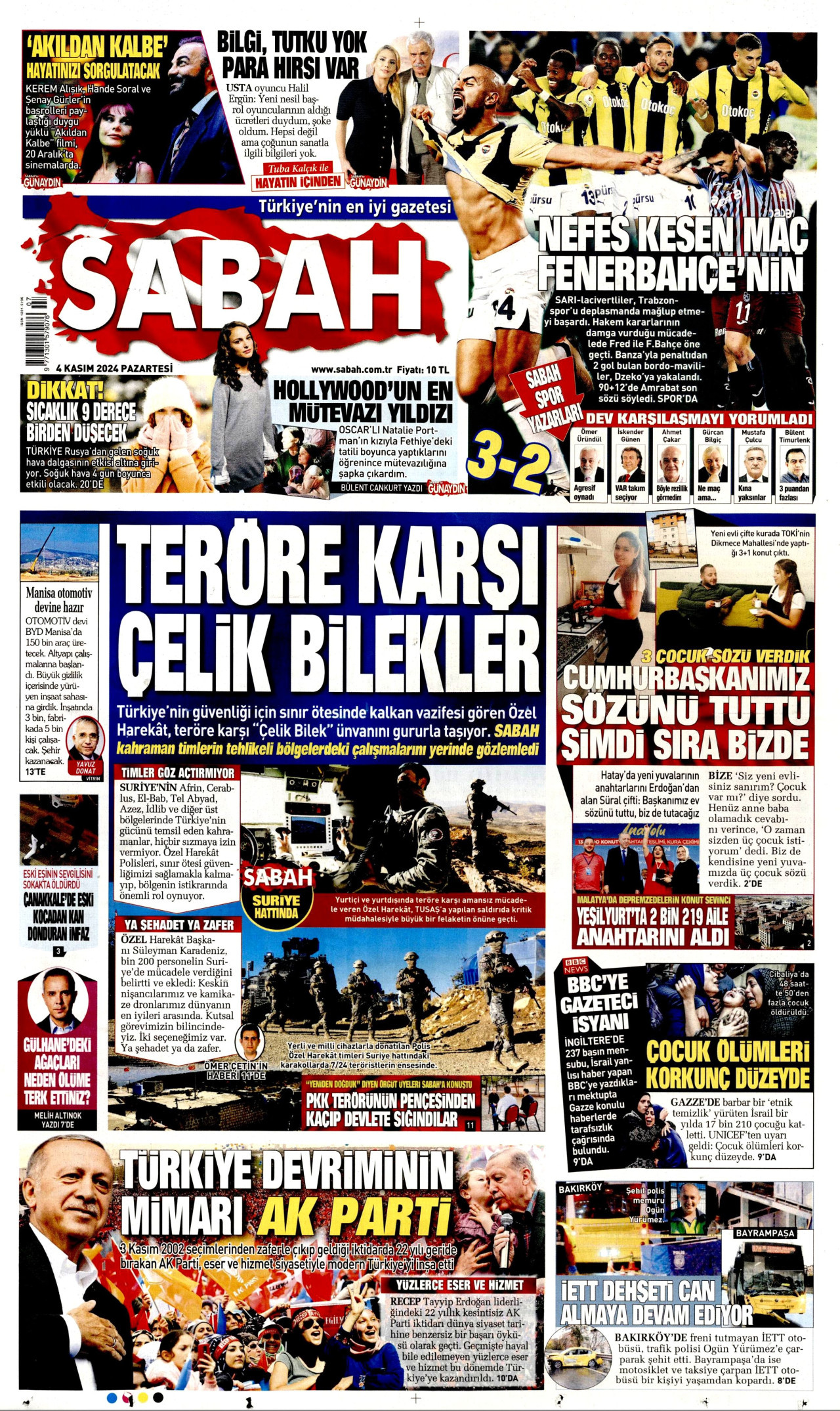 SABAH gazetesinin 4 Kasım 2024 tarihli birinci sayfası
