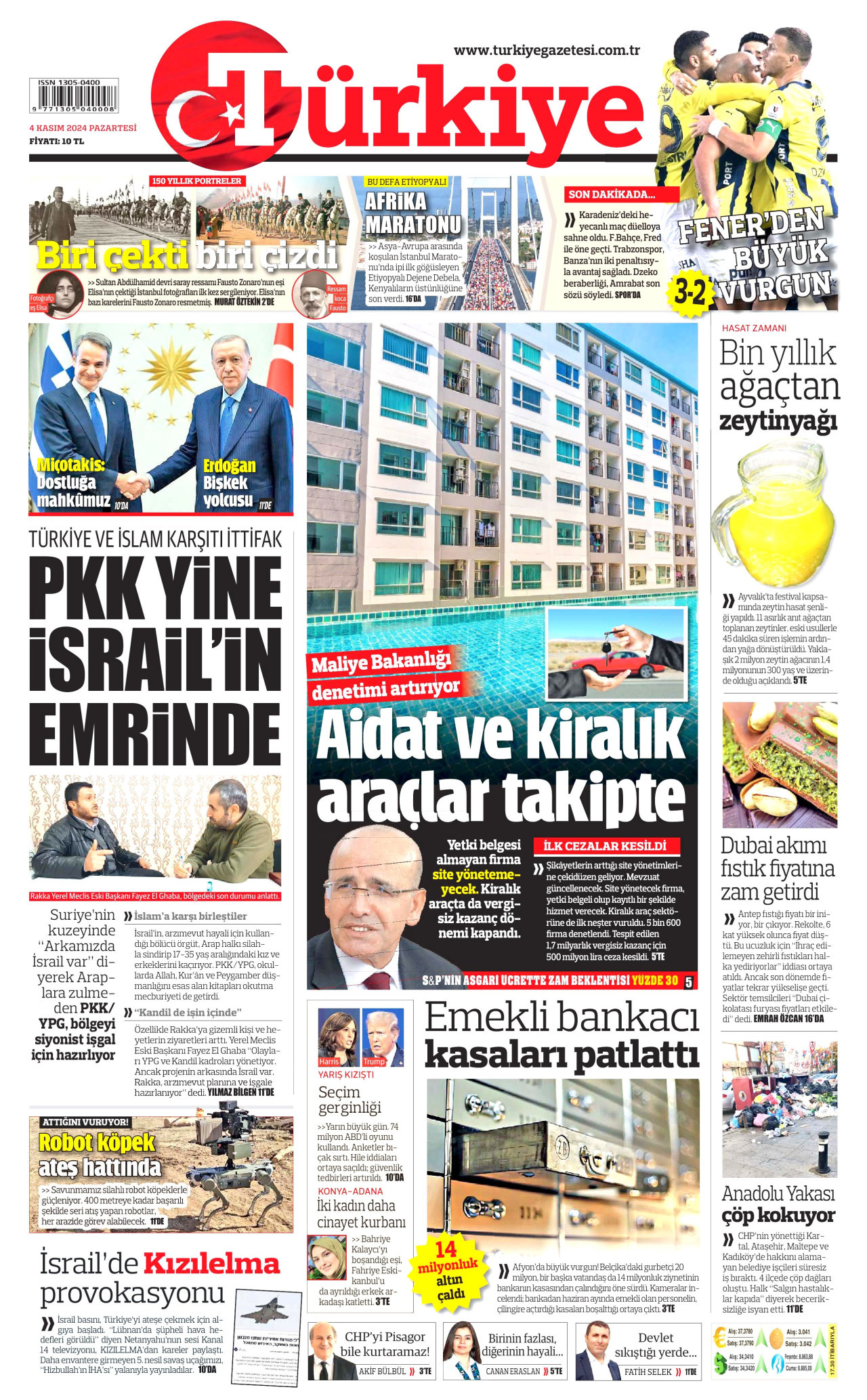 TÜRKİYE GAZETESİ gazetesinin 4 Kasım 2024 tarihli birinci sayfası