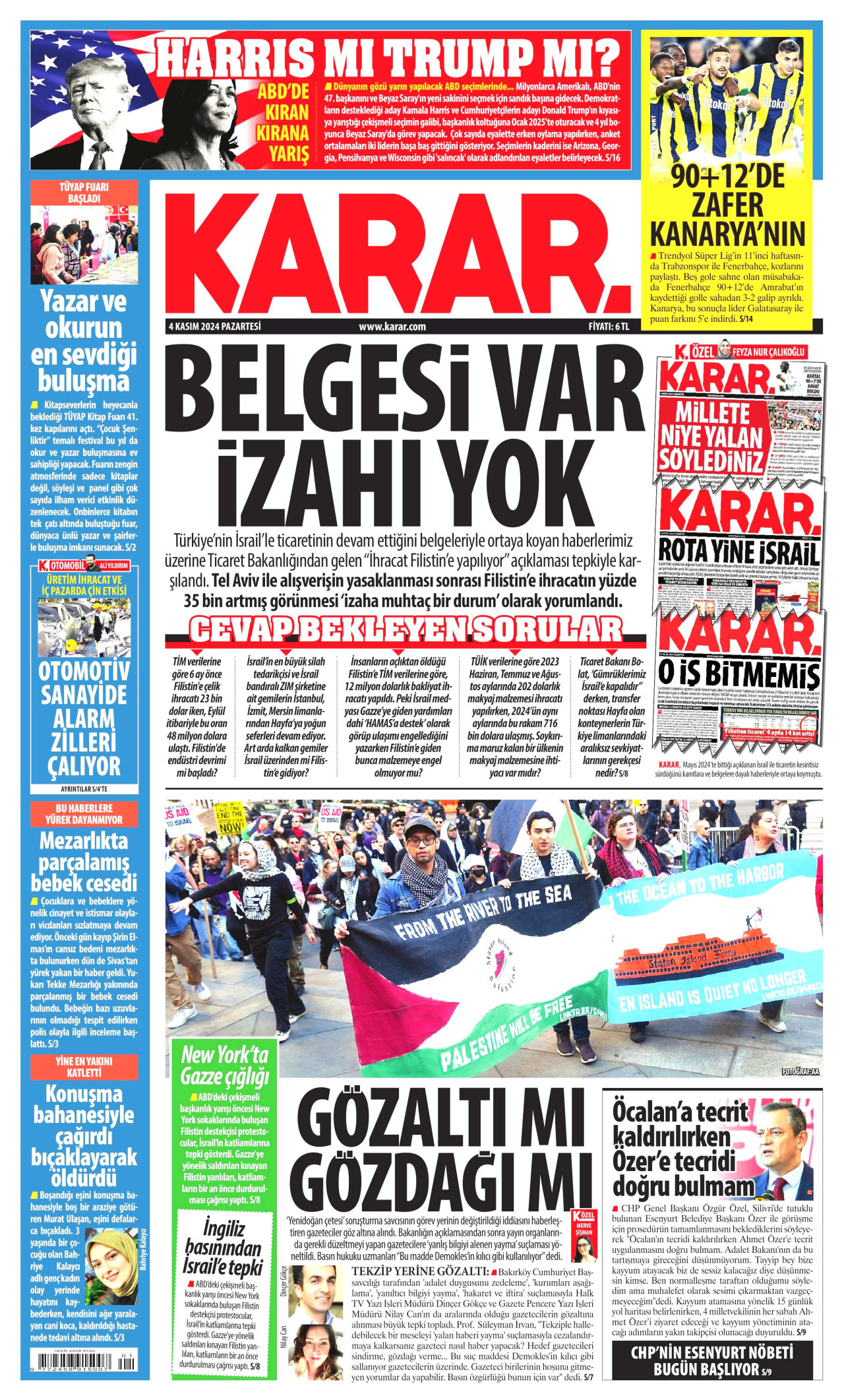 KARAR gazetesinin 4 Kasım 2024 tarihli birinci sayfası