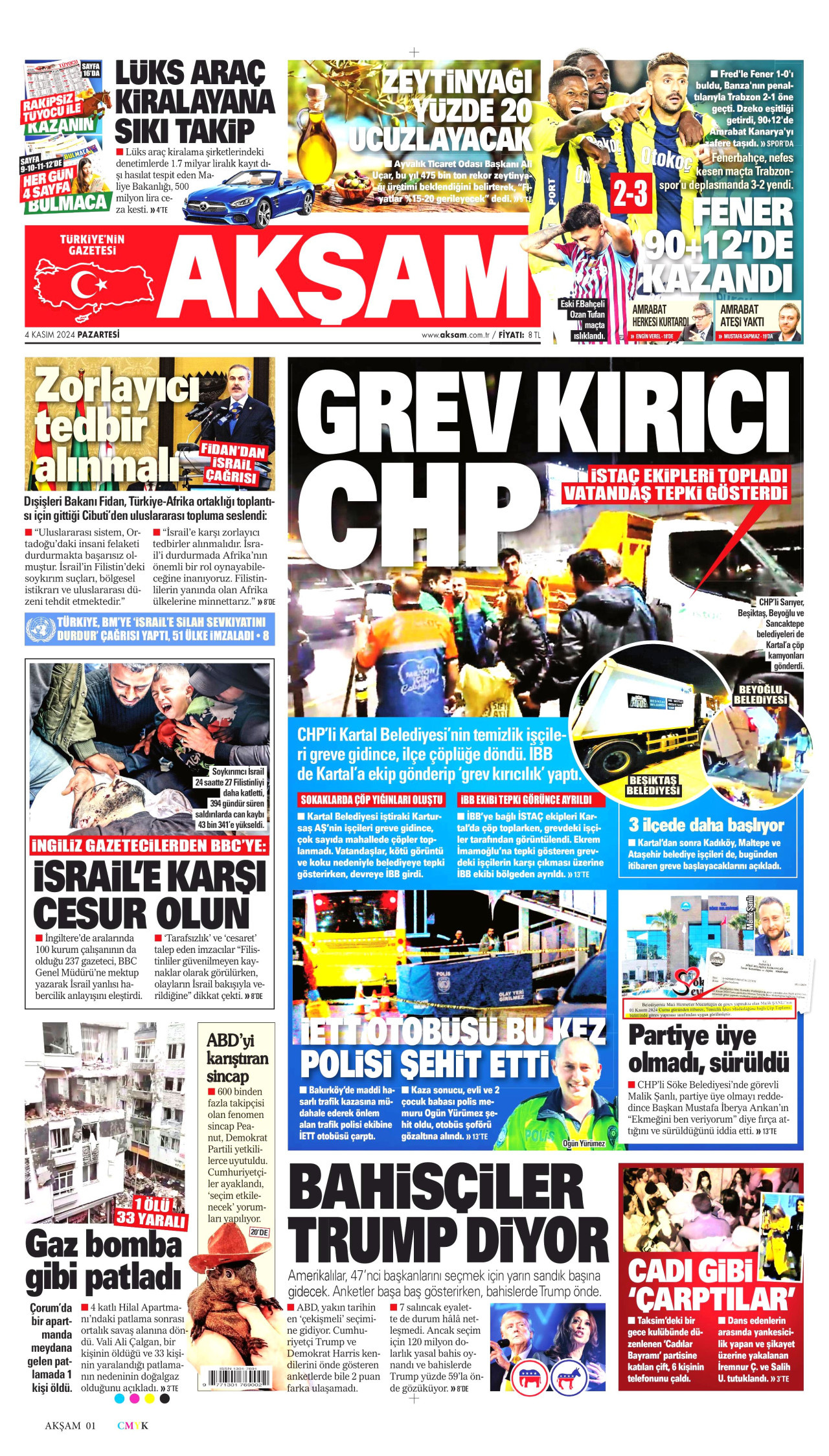 AKŞAM gazetesinin 4 Kasım 2024 tarihli birinci sayfası