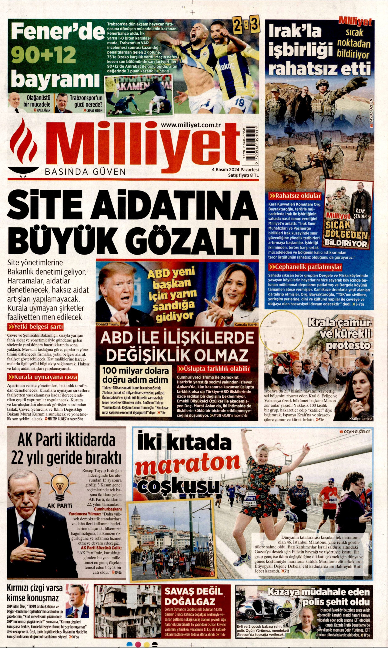 MİLLİYET gazetesinin 4 Kasım 2024 tarihli birinci sayfası