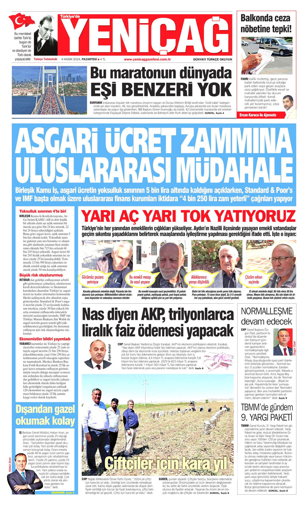 YENİÇAĞ gazetesinin 4 Kasım 2024 tarihli birinci sayfası