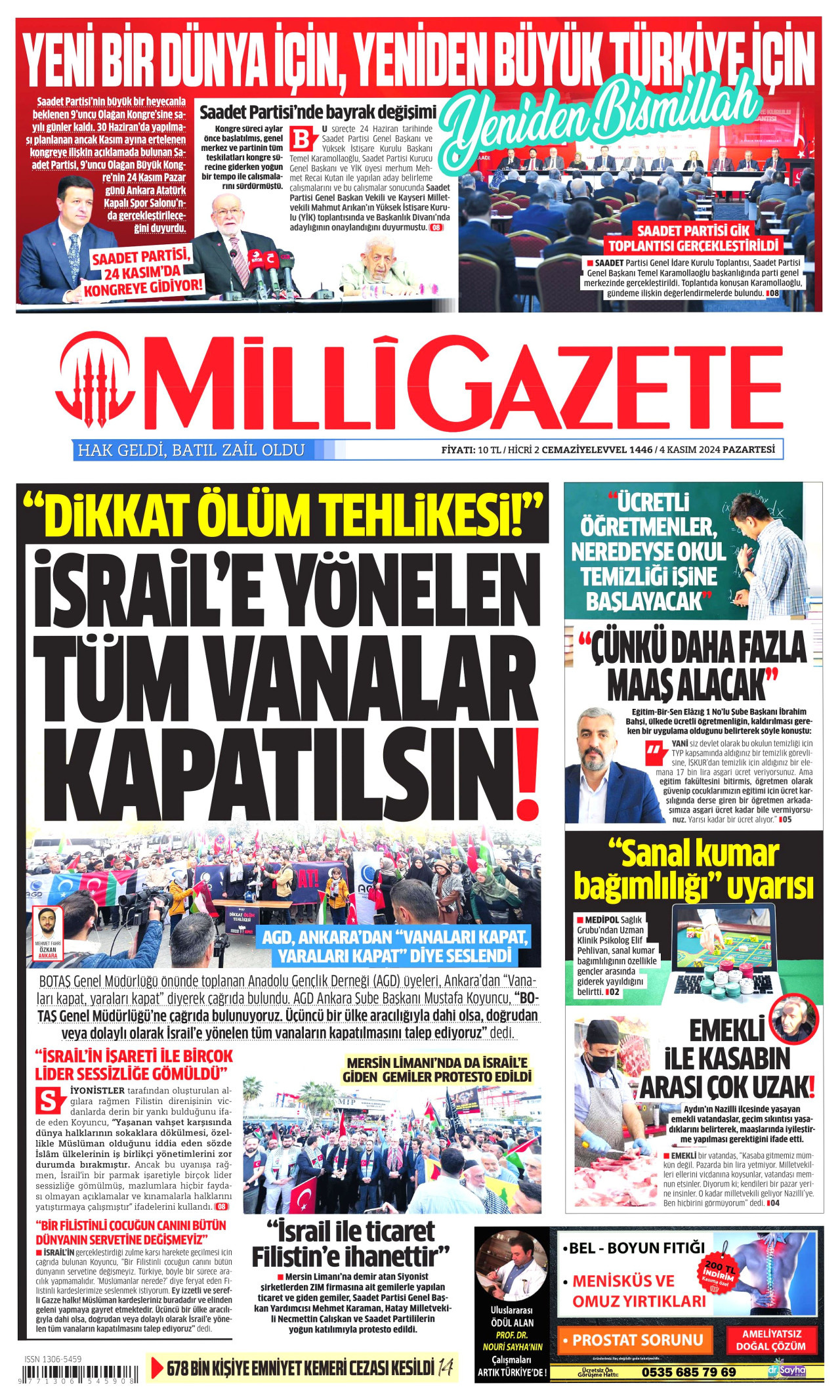 MİLLİ GAZETE gazetesinin 4 Kasım 2024 tarihli birinci sayfası