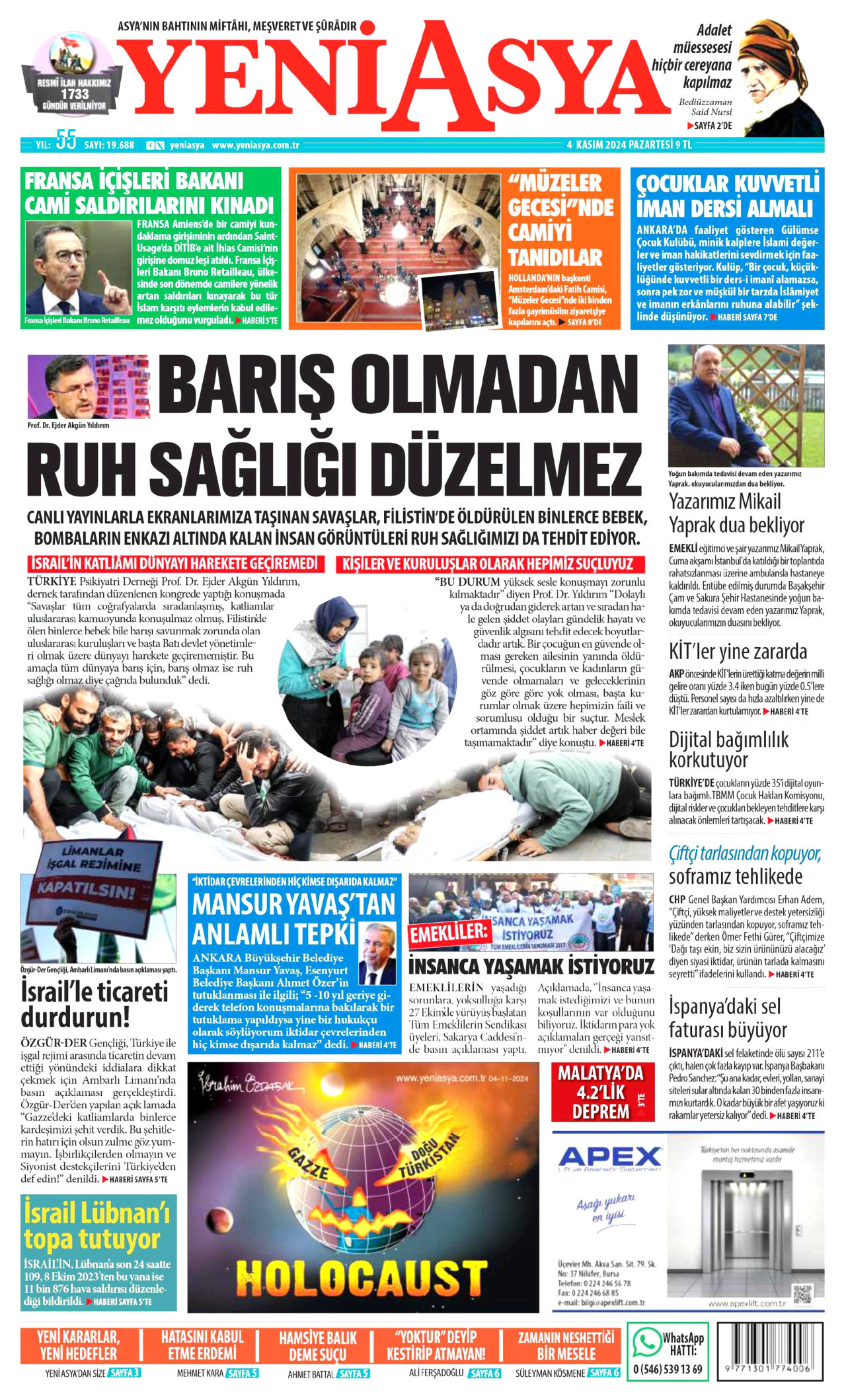 YENİ ASYA gazetesinin 4 Kasım 2024 tarihli birinci sayfası