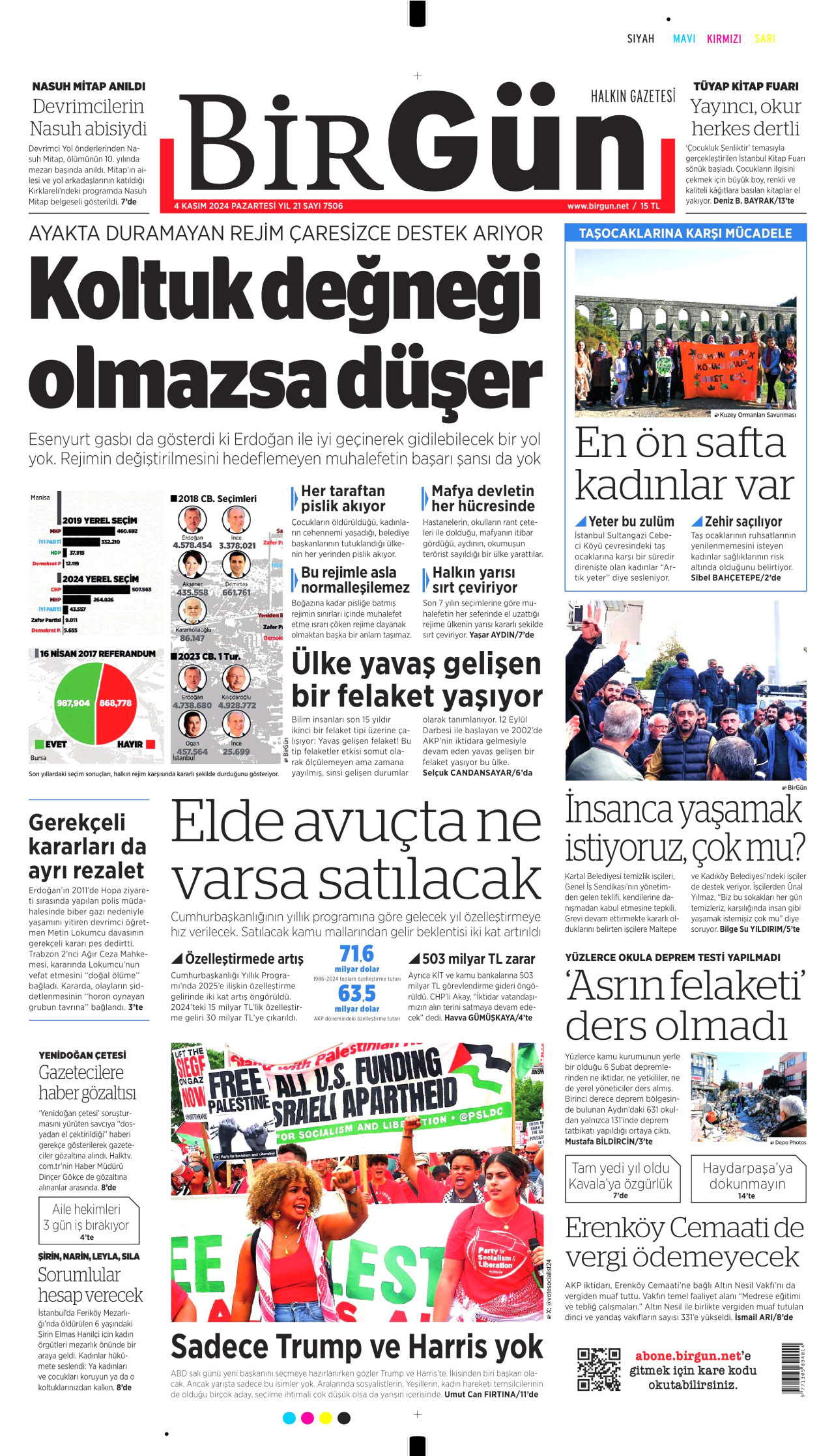 BİRGÜN gazetesinin 4 Kasım 2024 tarihli birinci sayfası