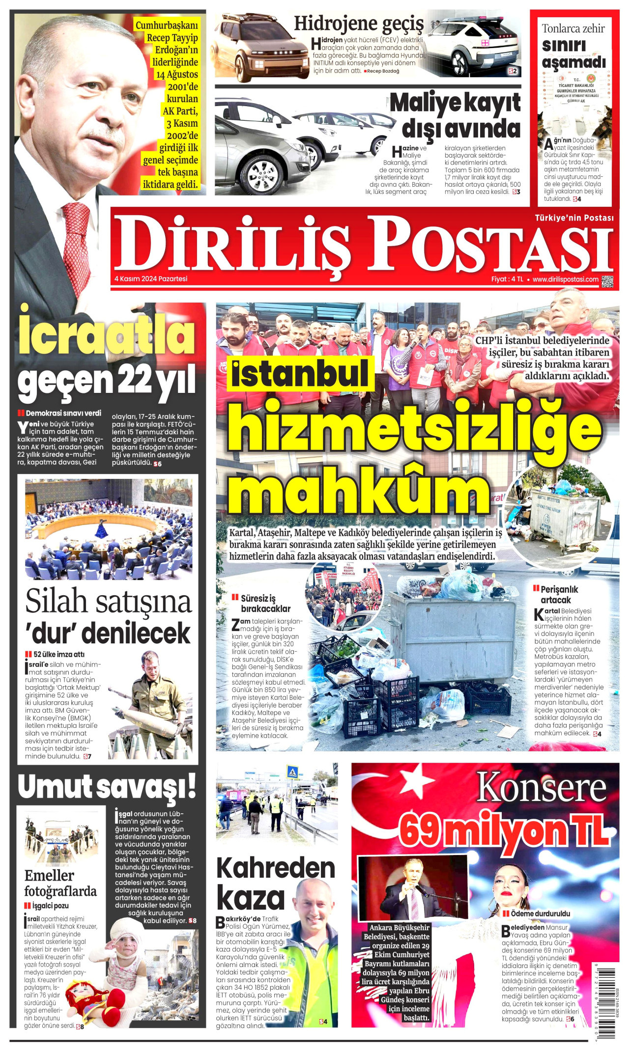 DİRİLİŞ POSTASI gazetesinin 4 Kasım 2024 tarihli birinci sayfası