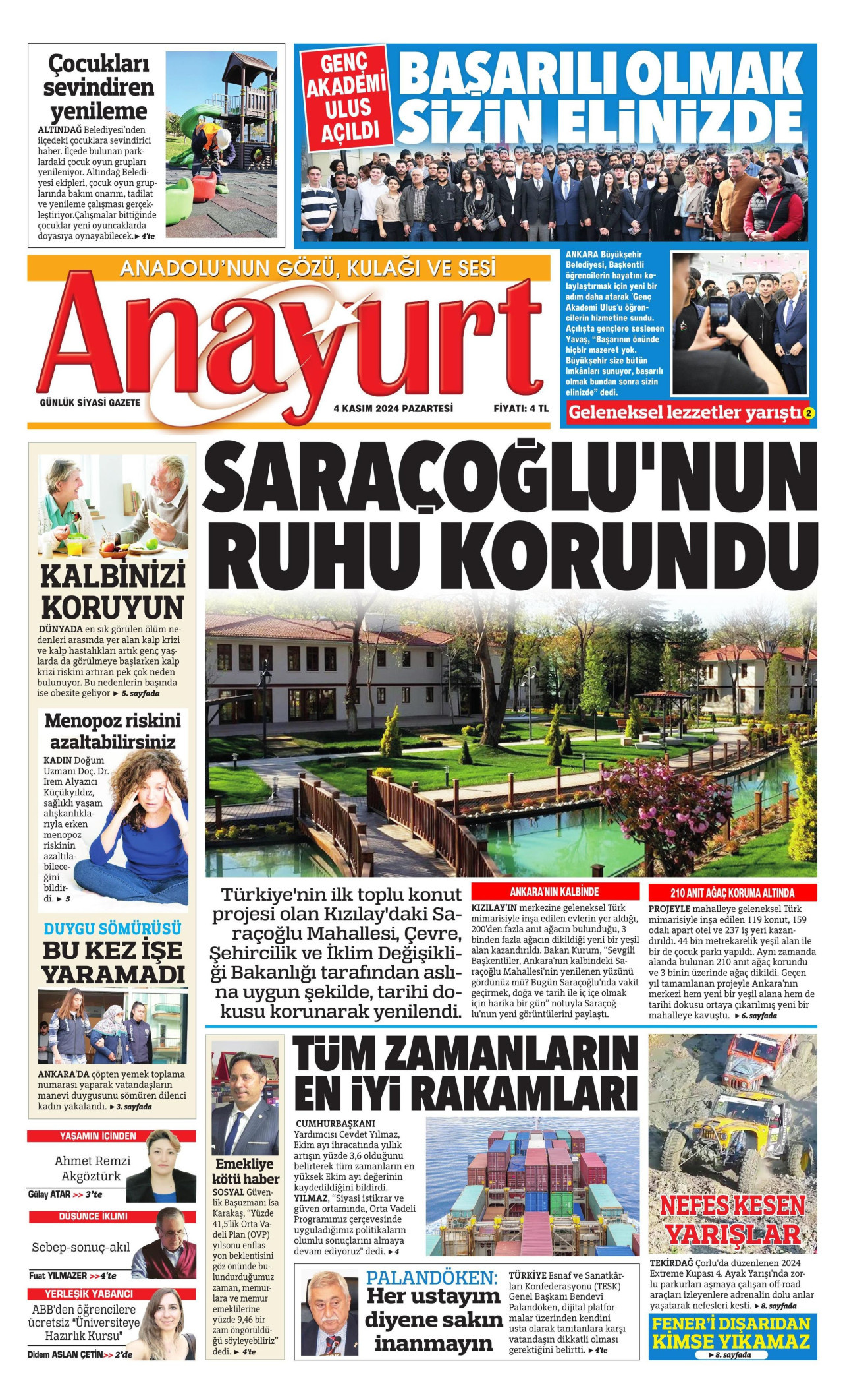 ANAYURT gazetesinin 4 Kasım 2024 tarihli birinci sayfası