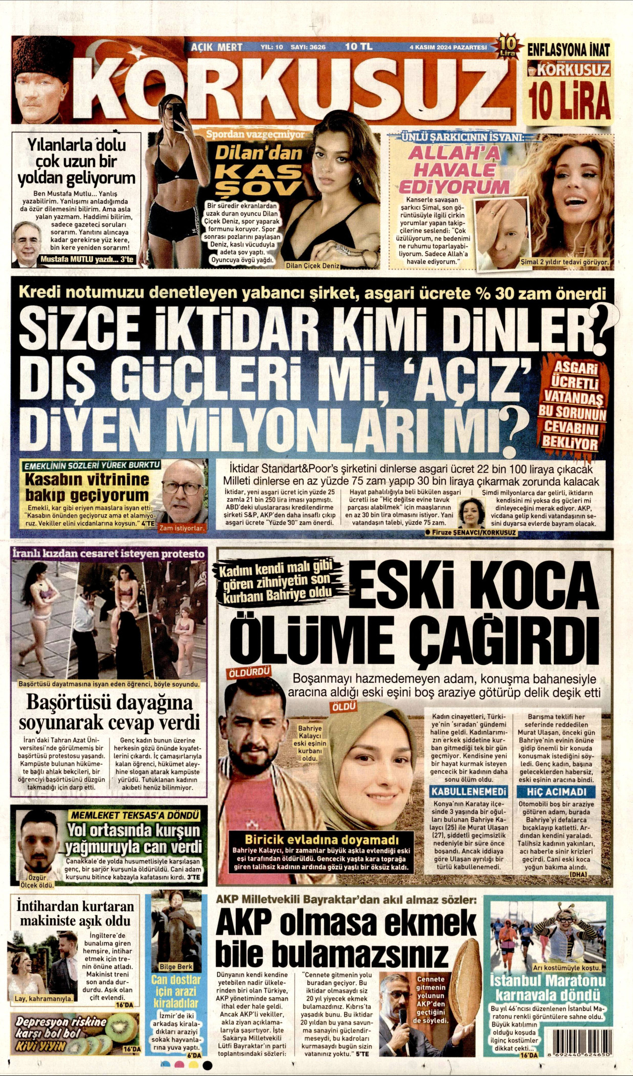 KORKUSUZ gazetesinin 4 Kasım 2024 tarihli birinci sayfası