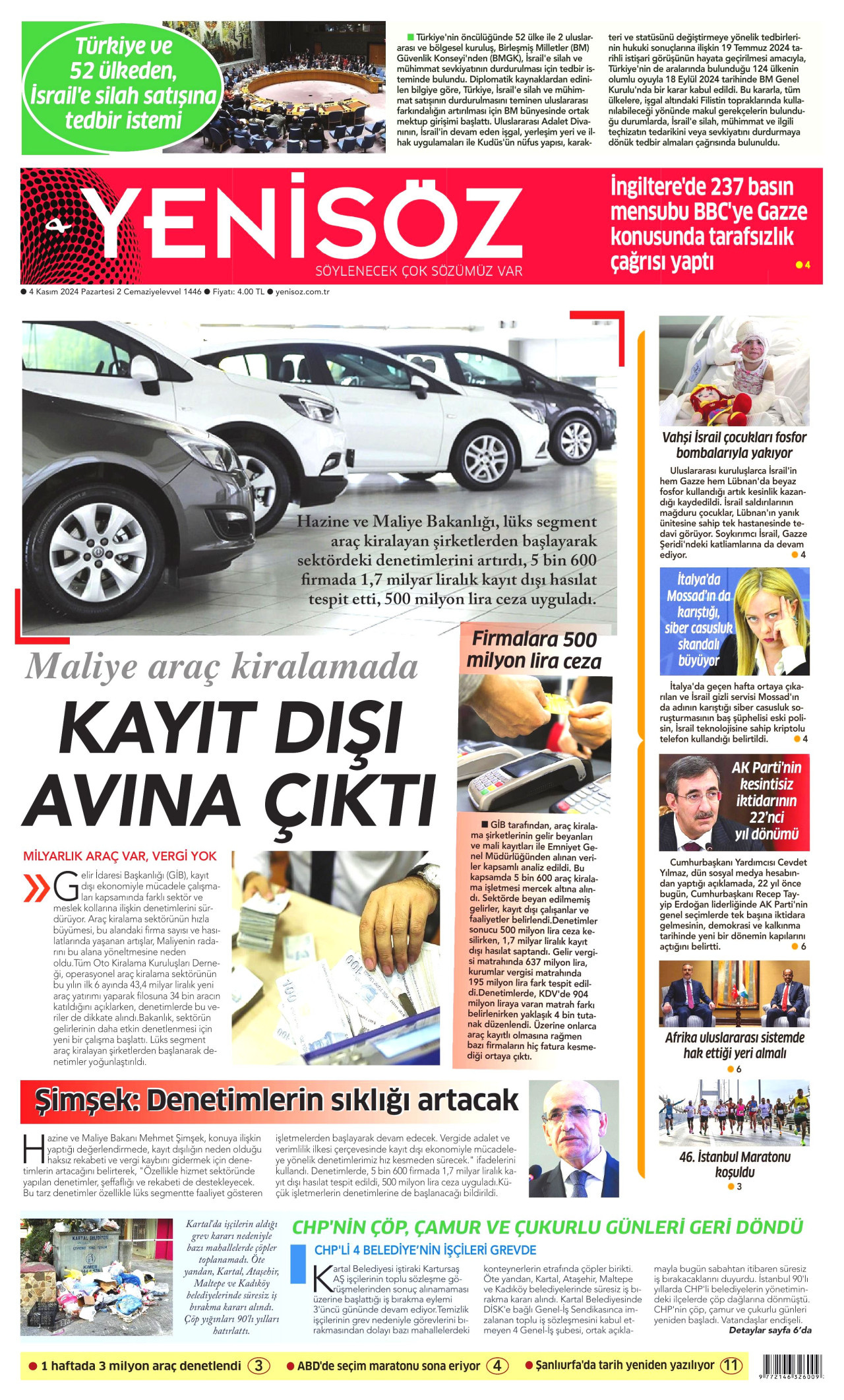 YENİ SÖZ GAZETESİ gazetesinin 4 Kasım 2024 tarihli birinci sayfası