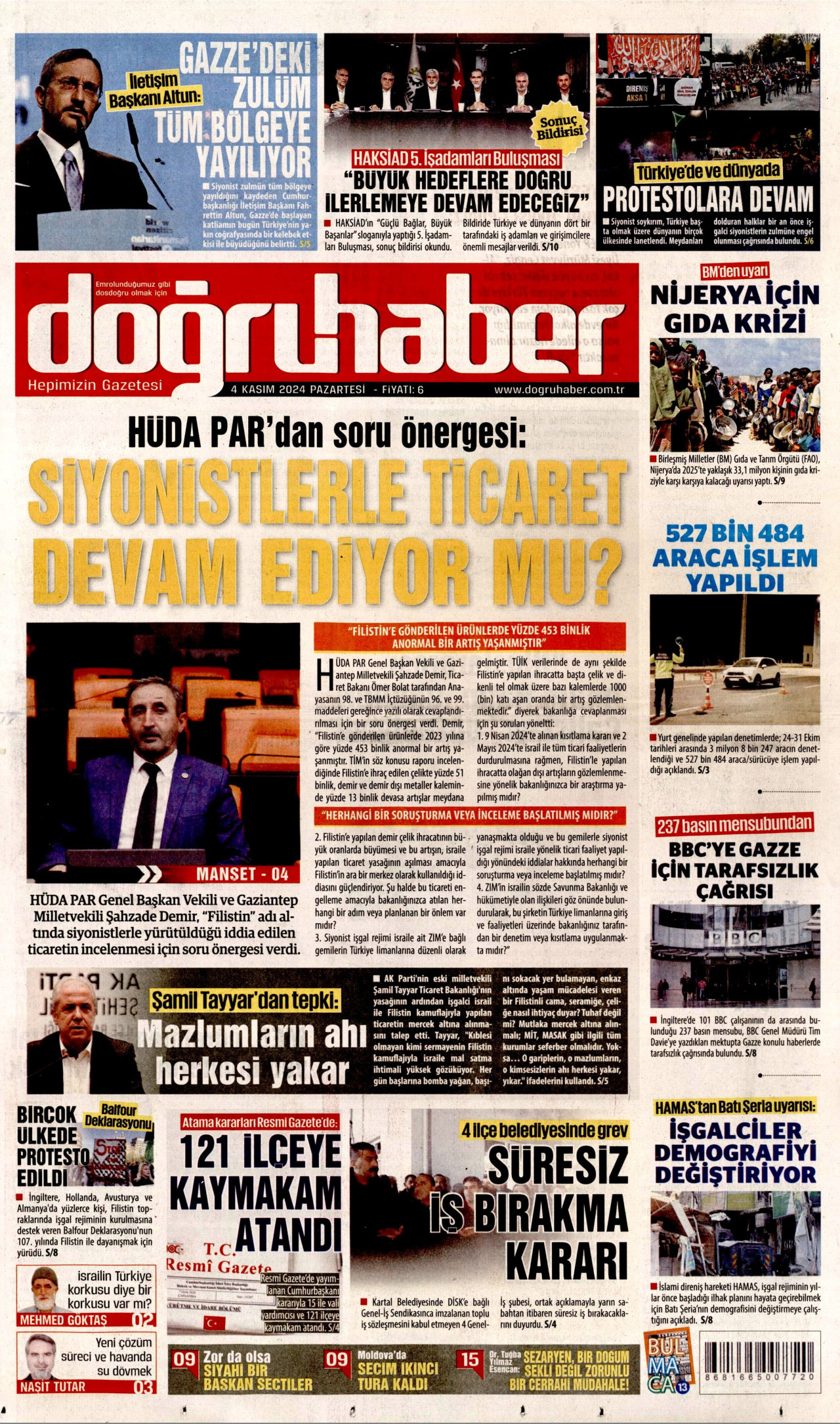 DOĞRU HABER gazetesinin 4 Kasım 2024 tarihli birinci sayfası