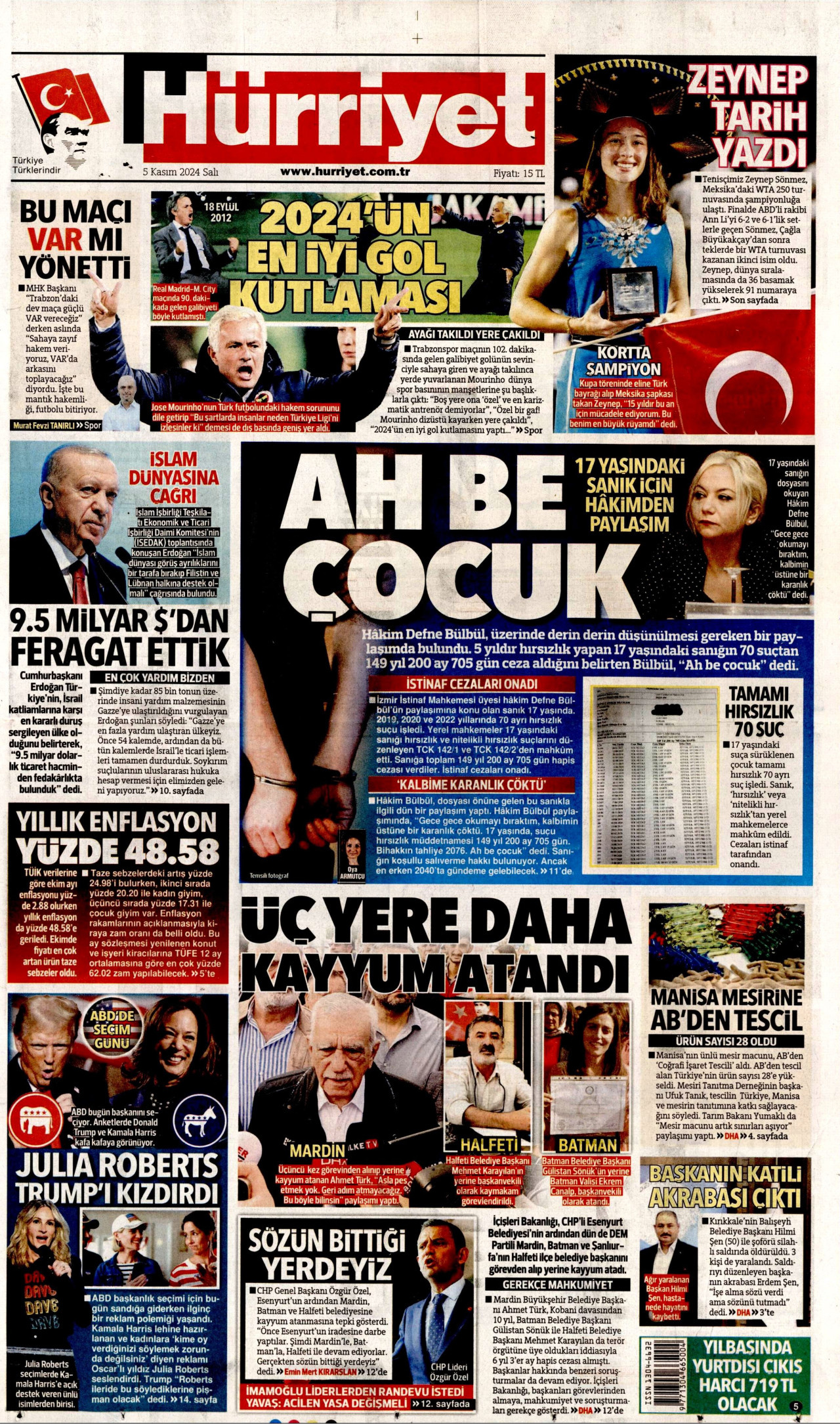 HÜRRİYET gazetesinin 5 Kasım 2024 tarihli birinci sayfası