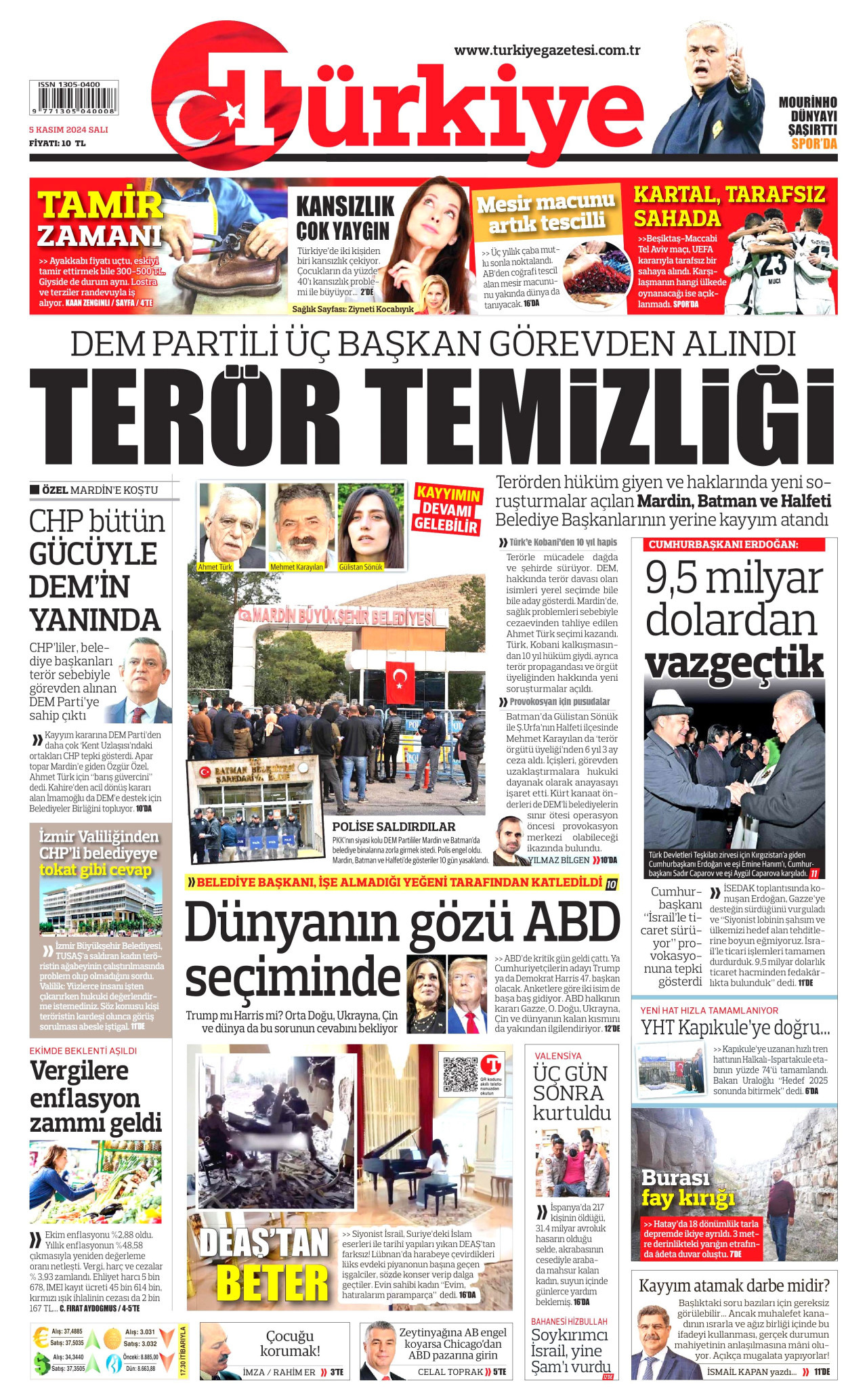 TÜRKİYE GAZETESİ gazetesinin 5 Kasım 2024 tarihli birinci sayfası