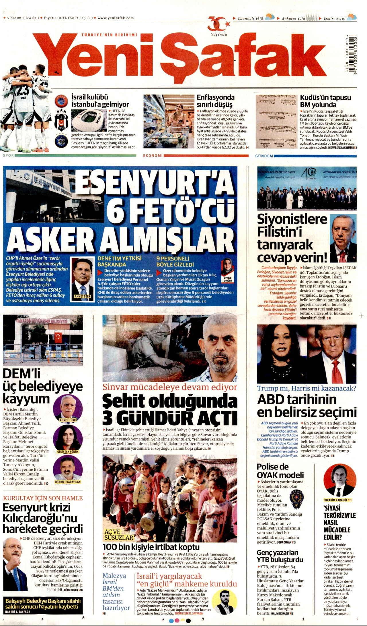 YENİ ŞAFAK gazetesinin 5 Kasım 2024 tarihli birinci sayfası
