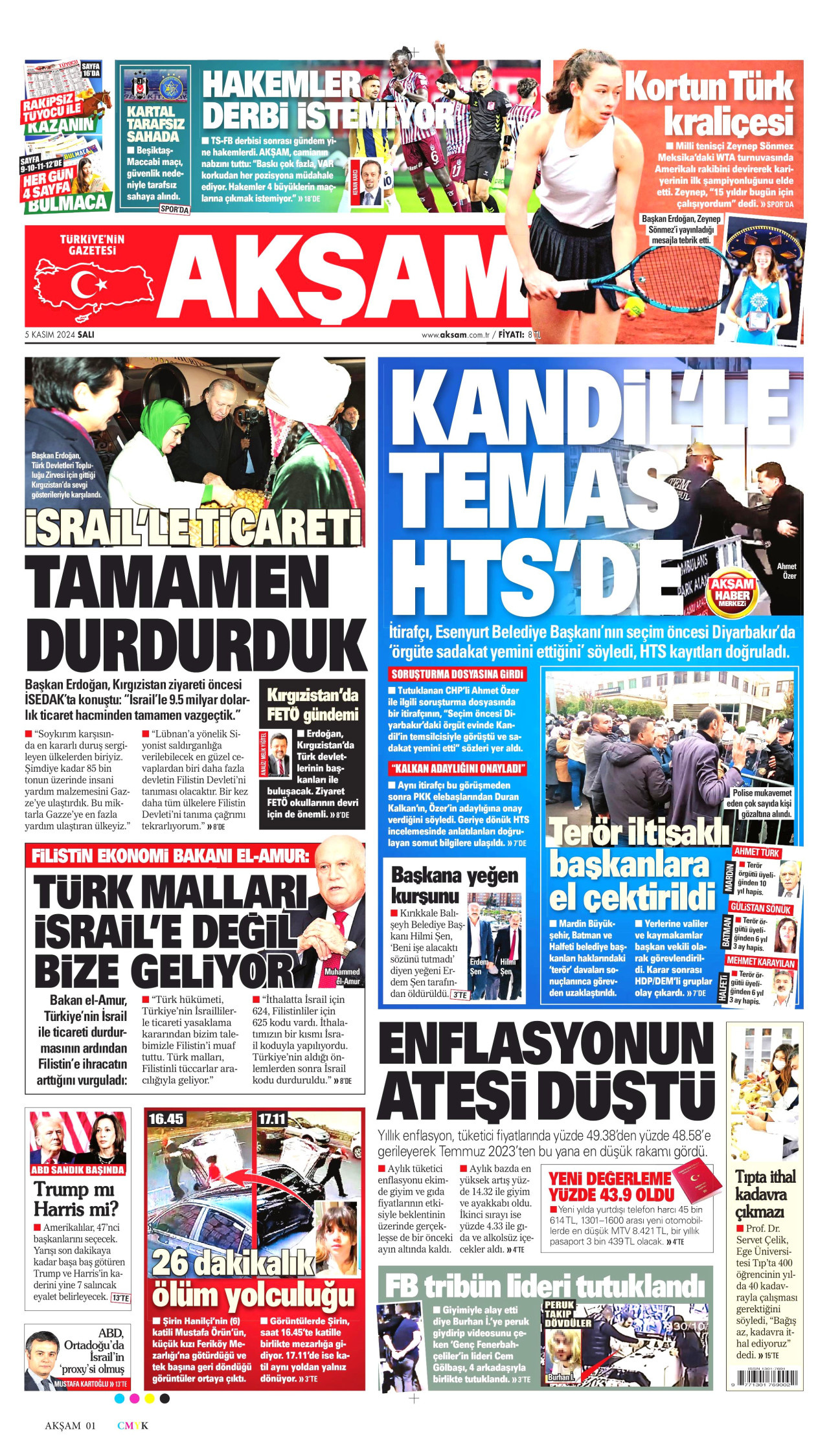 AKŞAM gazetesinin 5 Kasım 2024 tarihli birinci sayfası